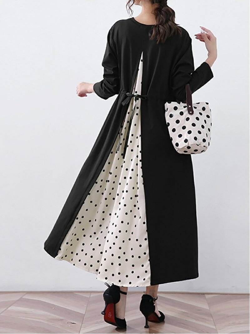 【ドゥーベル/Doux Belle】の【Doux Belle】ワンピース ロング丈 半袖 長袖 インテリア・キッズ・メンズ・レディースファッション・服の通販 founy(ファニー) 　ファッション　Fashion　レディースファッション　Fashion for Women　ワンピース　Dresses　春　Spring　秋　Autumn　シフォン　Chiffon, Lightweight Fabric　シンプル　Simple, Minimal　スリット　Slit, Slit Detail　ドット　Polka Dot, Dot Pattern　ノースリーブ　Sleeveless, No-Sleeve　長袖　Long Sleeve, Full Sleeve　ポケット　Pocket, Pocket Detail　半袖　Short Sleeve, Half Sleeve　ラウンド　Round, Round Neck　ロング　Long, Long-Length　夏　Summer　ドット|ID: prp329100004812716 ipo3291000000034938088