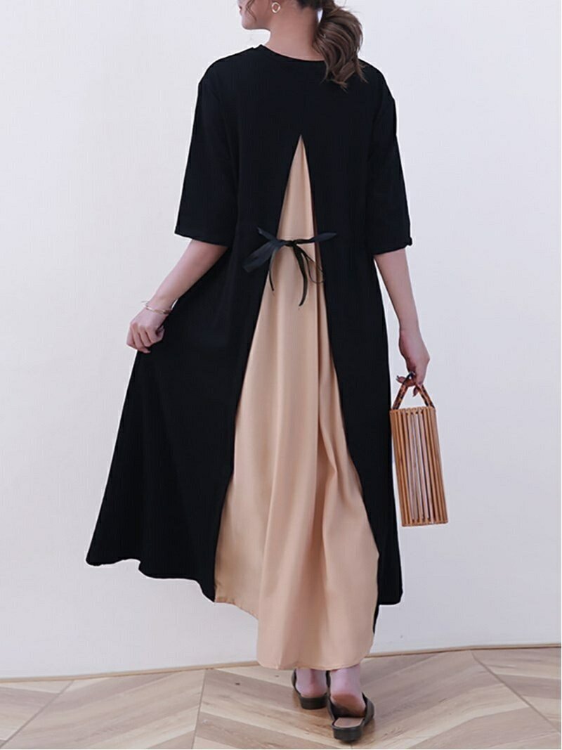 【ドゥーベル/Doux Belle】の【Doux Belle】ワンピース ロング丈 半袖 長袖 インテリア・キッズ・メンズ・レディースファッション・服の通販 founy(ファニー) 　ファッション　Fashion　レディースファッション　Fashion for Women　ワンピース　Dresses　春　Spring　秋　Autumn　シフォン　Chiffon, Lightweight Fabric　シンプル　Simple, Minimal　スリット　Slit, Slit Detail　ドット　Polka Dot, Dot Pattern　ノースリーブ　Sleeveless, No-Sleeve　長袖　Long Sleeve, Full Sleeve　ポケット　Pocket, Pocket Detail　半袖　Short Sleeve, Half Sleeve　ラウンド　Round, Round Neck　ロング　Long, Long-Length　夏　Summer　ピンク|ID: prp329100004812716 ipo3291000000034938092