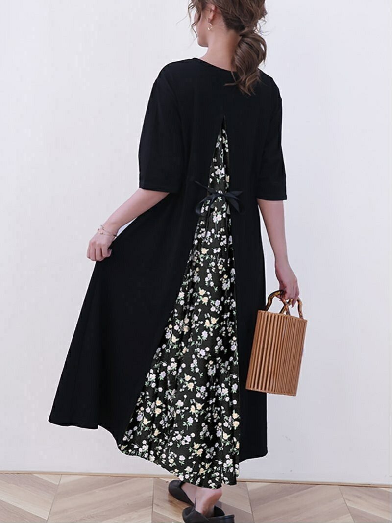 【ドゥーベル/Doux Belle】の【Doux Belle】ワンピース ロング丈 半袖 長袖 インテリア・キッズ・メンズ・レディースファッション・服の通販 founy(ファニー) 　ファッション　Fashion　レディースファッション　Fashion for Women　ワンピース　Dresses　春　Spring　秋　Autumn　シフォン　Chiffon, Lightweight Fabric　シンプル　Simple, Minimal　スリット　Slit, Slit Detail　ドット　Polka Dot, Dot Pattern　ノースリーブ　Sleeveless, No-Sleeve　長袖　Long Sleeve, Full Sleeve　ポケット　Pocket, Pocket Detail　半袖　Short Sleeve, Half Sleeve　ラウンド　Round, Round Neck　ロング　Long, Long-Length　夏　Summer　ブラック花柄|ID: prp329100004812716 ipo3291000000034938096