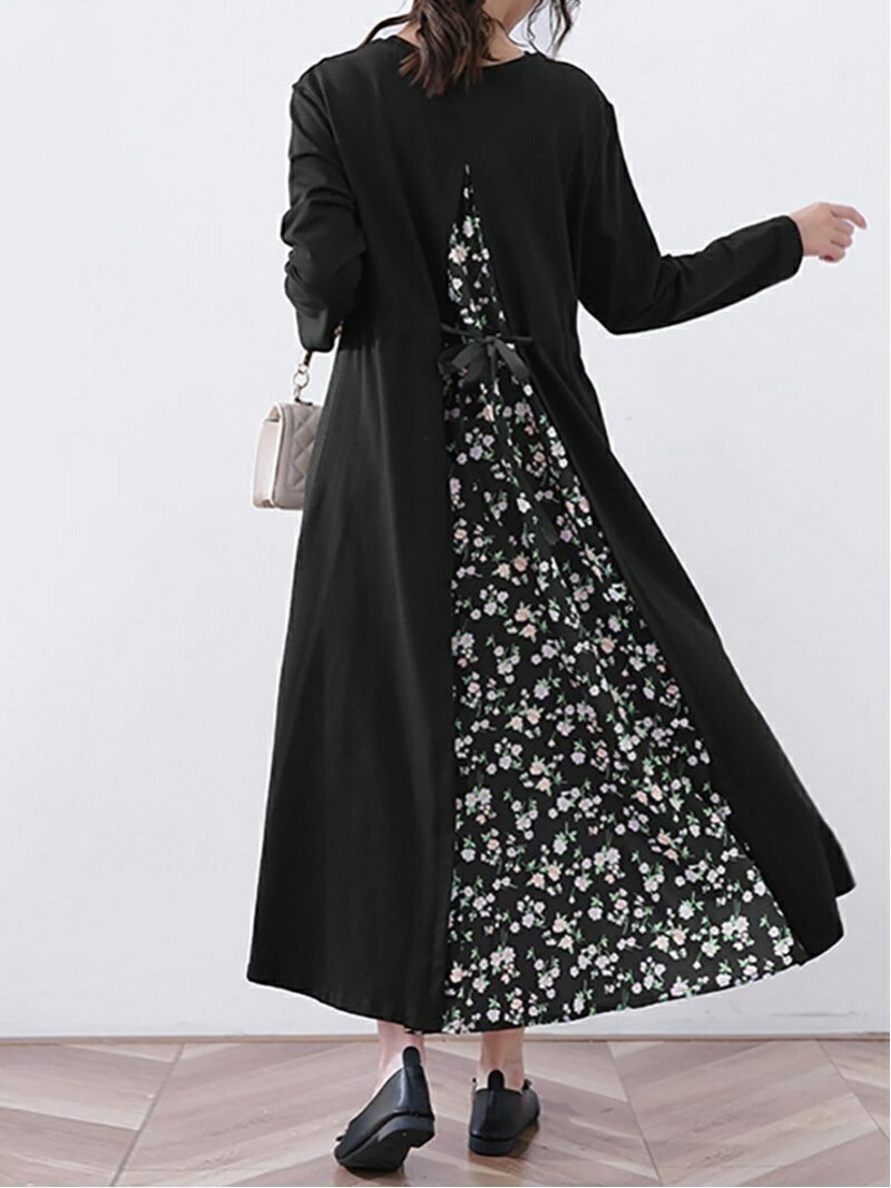 【ドゥーベル/Doux Belle】の【Doux Belle】ワンピース ロング丈 半袖 長袖 インテリア・キッズ・メンズ・レディースファッション・服の通販 founy(ファニー) 　ファッション　Fashion　レディースファッション　Fashion for Women　ワンピース　Dresses　春　Spring　秋　Autumn　シフォン　Chiffon, Lightweight Fabric　シンプル　Simple, Minimal　スリット　Slit, Slit Detail　ドット　Polka Dot, Dot Pattern　ノースリーブ　Sleeveless, No-Sleeve　長袖　Long Sleeve, Full Sleeve　ポケット　Pocket, Pocket Detail　半袖　Short Sleeve, Half Sleeve　ラウンド　Round, Round Neck　ロング　Long, Long-Length　夏　Summer　ブラック花柄|ID: prp329100004812716 ipo3291000000034938097