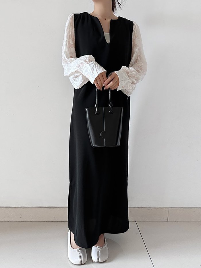 【ドゥーベル/Doux Belle】のドッキングシアーキーネックワンピース インテリア・キッズ・メンズ・レディースファッション・服の通販 founy(ファニー) https://founy.com/ ファッション Fashion レディースファッション Fashion for Women ワンピース Dresses シアー Sheer, See-Through スリット Slit, Slit Detail ロング Long, Long-Length 春 Spring 秋 Autumn |ID: prp329100004812724 ipo3291000000034938156