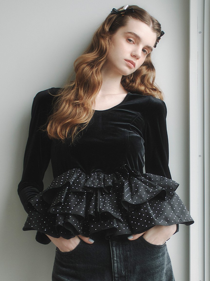 【リリーブラウン/Lily Brown】のベロアペプラムフリルトップス インテリア・キッズ・メンズ・レディースファッション・服の通販 founy(ファニー) 　ファッション　Fashion　レディースファッション　Fashion for Women　トップス・カットソー　Cut & Sew Tops　ベロアトップス　Velour Tops / Velvet-Look Items　アシンメトリー　Asymmetrical Style　コンパクト　Compact, Small Size　ストレッチ　Stretch, Stretchy Fabric　スマート　Smart, Elegant　デニム　Denim, Jeans Material　ドッキング　Docking, Mixed Material　バランス　Balance, Style Balance　フィット　Fit, Slim Fit　ベロア　Velour, Soft Velvet　ペプラム　Peplum, Flared Hem　BLK[009]|ID: prp329100004812764 ipo3291000000034938624