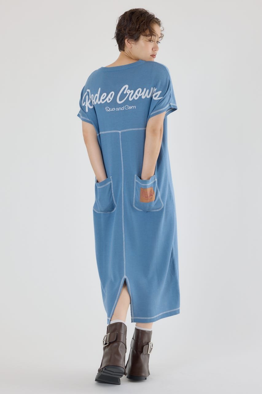 【ロデオクラウンズワイドボウル/RODEO CROWNS WIDE BOWL】の配色ステッチニットコンビワンピース インテリア・キッズ・メンズ・レディースファッション・服の通販 founy(ファニー) 　ファッション　Fashion　レディースファッション　Fashion for Women　ワンピース　Dresses　おすすめ　Recommended / Our Picks　アクリル　Acrylic Material　カットソー　Cut and Sewn Top　ドッキング　Docking, Mixed Material　フロント　Front, Front Design　リメイク　Remake, Reconstructed　レギンス　Leggings, Stretch Pants　ロング　Long, Long-Length　BLU|ID: prp329100004812823 ipo3291000000034939149