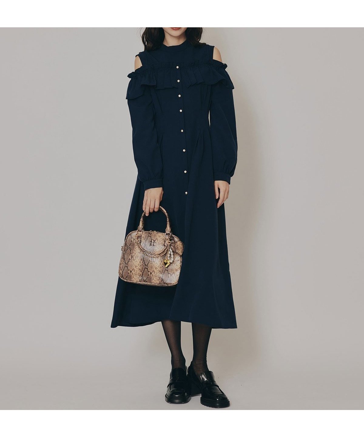 【レディアゼル/REDYAZEL】のオープンショルダーフリルワンピース インテリア・キッズ・メンズ・レディースファッション・服の通販 founy(ファニー) 　ファッション　Fashion　レディースファッション　Fashion for Women　ワンピース　Dresses　おすすめ　Recommended / Our Picks　クラシカル　Classical, Vintage-Inspired　ショルダー　Shoulder, Shoulder Strap　スタンド　Stand Collar, Upright Stand　トレンド　Trend, Trending Now　バランス　Balance, Style Balance　フリル　Frill, Ruffle　フレア　Flare, Flared　A/W・秋冬　Autumn/Winter　ネイビー|ID: prp329100004812825 ipo3291000000034939158