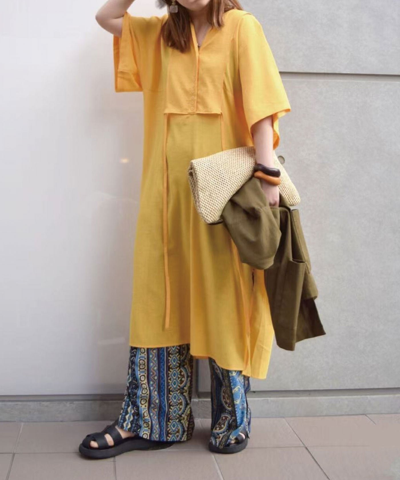 【コーナーズ/CORNERS】のスラブジョーゼットカフタンシャツワンピース インテリア・キッズ・メンズ・レディースファッション・服の通販 founy(ファニー) 　ファッション　Fashion　レディースファッション　Fashion for Women　ワンピース　Dresses　シャツワンピース / 1枚で着映えコーデ　Shirt Dresses　ジョーゼット　Georgette, Semi-Sheer Fabric　スキッパー　Skipper, Open Collar　スリット　Slit, Slit Detail　ロング　Long, Long-Length　半袖　Short Sleeve, Half Sleeve　夏　Summer　定番　Standard, Basic Item　イエロー|ID: prp329100004812827 ipo3291000000034939171