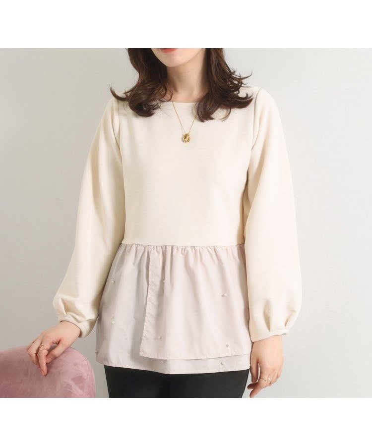 【イッツデモ/ITS' DEMO】の【手洗い可】異素材切替リップルプルオーバー インテリア・キッズ・メンズ・レディースファッション・服の通販 founy(ファニー) 　ファッション　Fashion　レディースファッション　Fashion for Women　トップス・カットソー　Cut & Sew Tops　カジュアルプルオーバー・ニットトップス　Pullovers & Knit Tops / Casual Pullovers　クール　Cool, Chic　切替　Switching, Contrast Panel　シンプル　Simple, Minimal　スマート　Smart, Elegant　チェック　Check, Plaid, Tartan　パール　Pearl, Pearl Accent　ペプラム　Peplum, Flared Hem　再入荷　Restock / Back in Stock　おすすめ　Recommended / Our Picks　エレガント 上品　Elegant　ライトベージュ|ID: prp329100004813013 ipo3291000000034944009