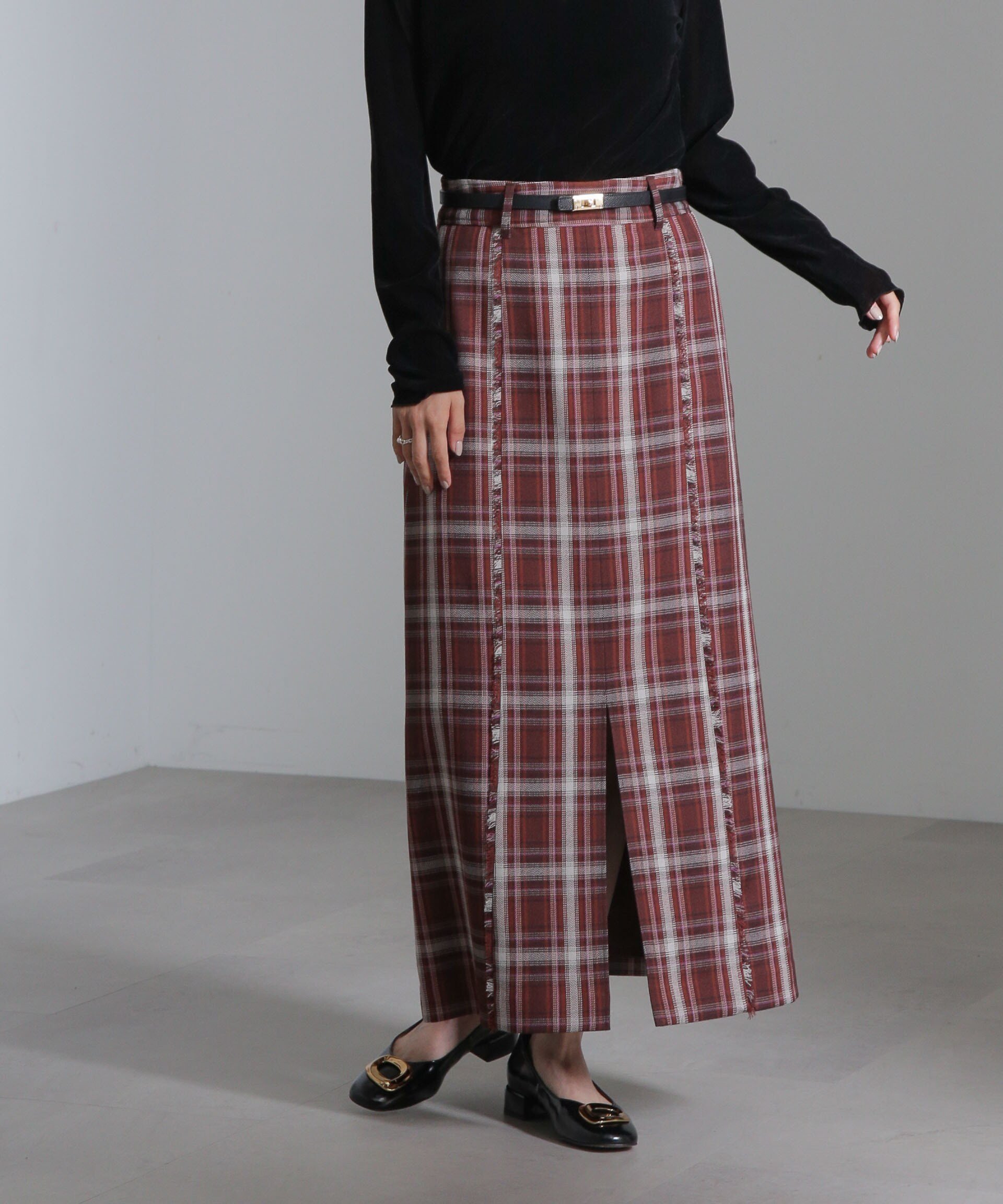 【ナノ ユニバース/nano universe】のチェックスリットロングスカート インテリア・キッズ・メンズ・レディースファッション・服の通販 founy(ファニー) 　ファッション　Fashion　レディースファッション　Fashion for Women　スカート　Skirts　ロングスカート　Long Skirts / Maxi & Midi Skirts　春　Spring　スリット　Slit, Slit Detail　チェック　Check, Plaid, Tartan　フリンジ　Fringe, Tassel　フロント　Front, Front Design　プリント　Print, Printed Pattern　ロング　Long, Long-Length　A/W・秋冬　Autumn/Winter　おすすめ　Recommended / Our Picks　2024年　2024　2024-2025秋冬・A/W　Autumn/Winter 2024–25 AW24–25　ボルドー3|ID: prp329100004813399 ipo3291000000034948066