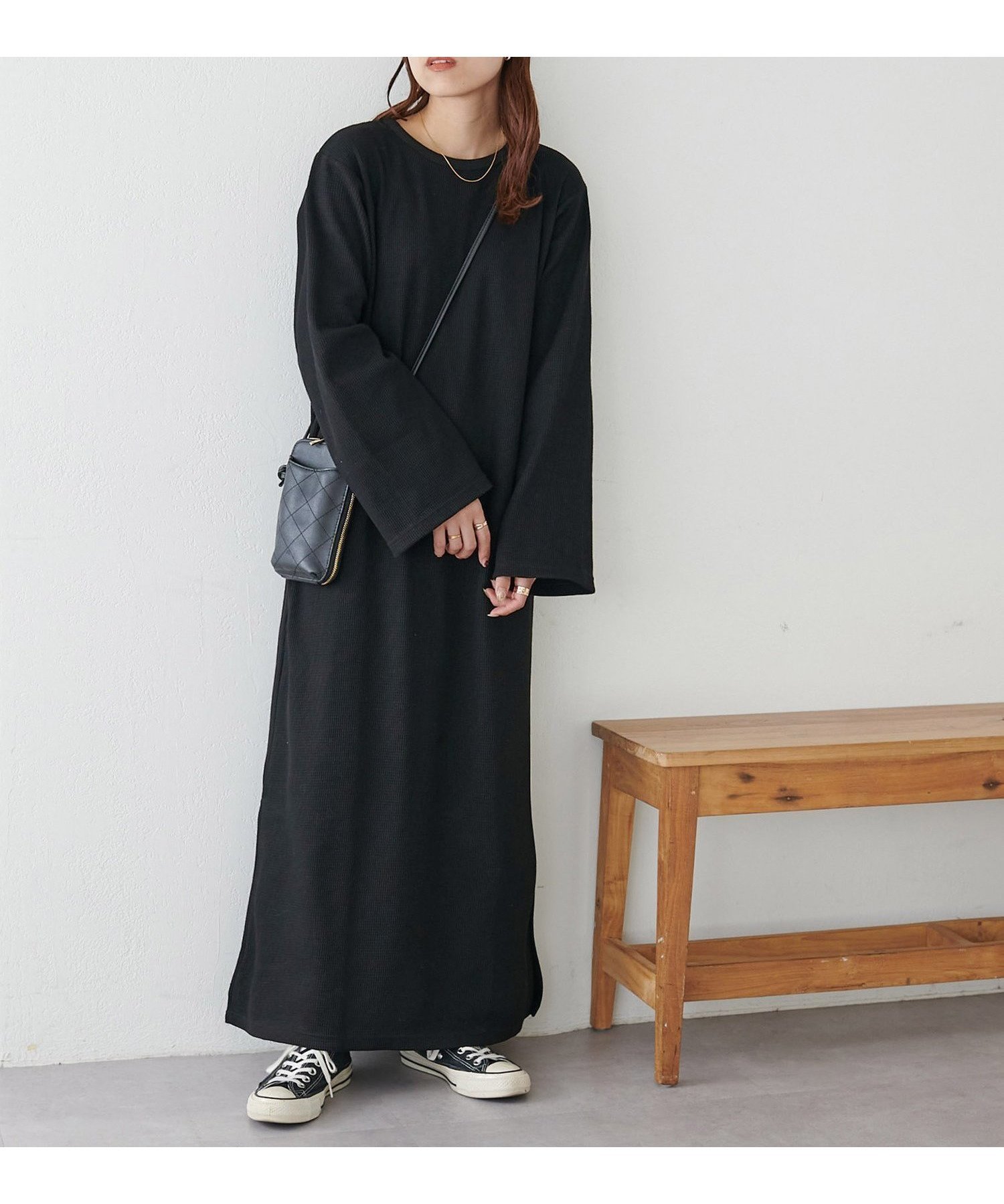 【ディスコート/Discoat】の【WEB限定】フレアスリーブワッフルワンピース インテリア・キッズ・メンズ・レディースファッション・服の通販 founy(ファニー) 　ファッション　Fashion　レディースファッション　Fashion for Women　ワンピース　Dresses　ブラック|ID: prp329100004813434 ipo3291000000034948394