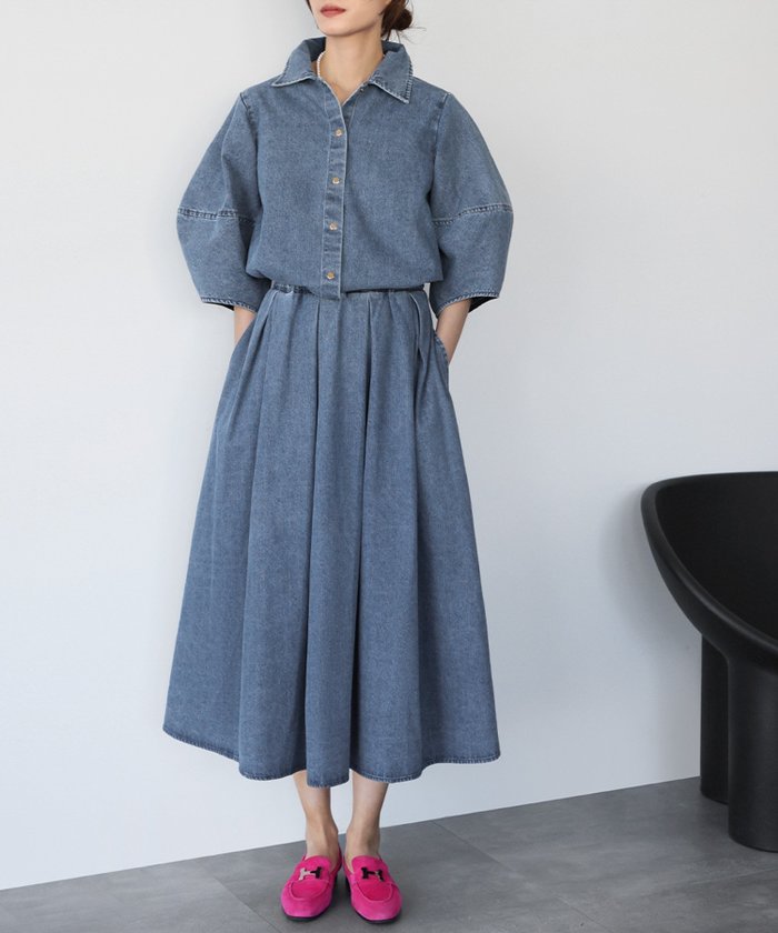 【ガール/GIRL】のランタンスリーブデニムブラウス・タックフレアスカート セットアップ 上下セット インテリア・キッズ・メンズ・レディースファッション・服の通販 founy(ファニー) https://founy.com/ ファッション Fashion レディースファッション Fashion for Women セットアップ Matching Sets スカート・ミニ/ミディ/マキシ Skirts / Mini, Midi & Maxi Skirts スカート Skirts Aライン・フレアスカート A-Line & Flared Skirts スリーブ Sleeve, Long Sleeve / Short Sleeve セットアップ Set-Up, Coordinated Outfit デニム Denim, Jeans Material トレンド Trend, Trending Now 再入荷 Restock / Back in Stock エレガント 上品 Elegant |ID: prp329100004813467 ipo3291000000034948792