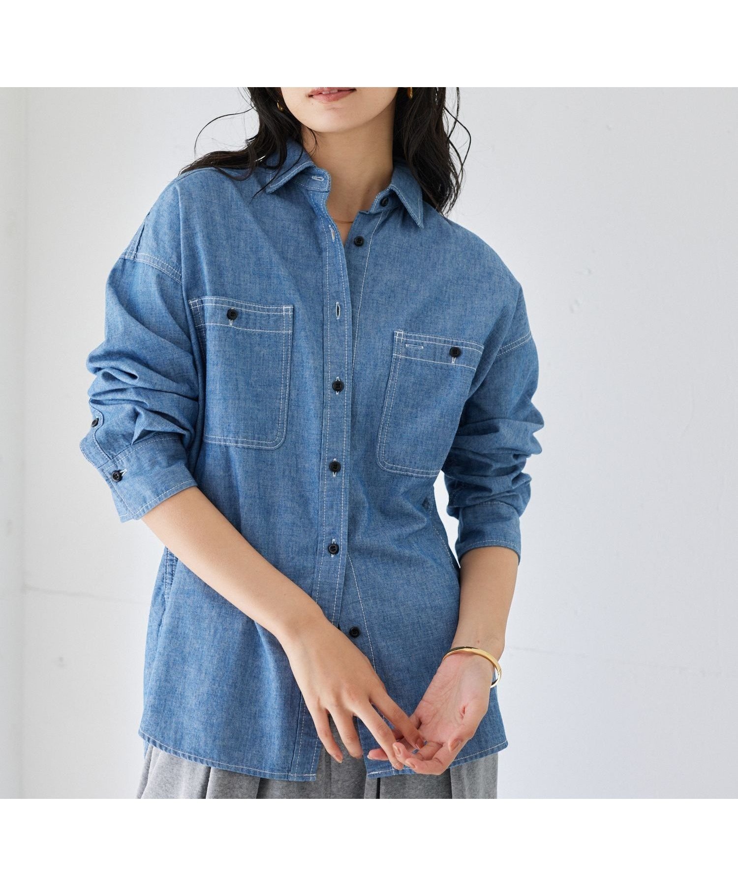 【バンヤードストーム/BARNYARDSTORM】のダンガリーデニムシャツ インテリア・キッズ・メンズ・レディースファッション・服の通販 founy(ファニー) 　ファッション　Fashion　レディースファッション　Fashion for Women　トップス・カットソー　Cut & Sew Tops　シャツ・ブラウス・オフィスカジュアル　Elegant Blouses & Button-Ups　おすすめ　Recommended / Our Picks　インディゴ　Indigo Denim　インナー　Innerwear　ジャケット　Jacket, Outerwear　タートル　Turtleneck, Turtle Collar　ダンガリー　Dungaree, Chambray　デニム　Denim, Jeans Material　ブリーチ　Bleach, Washed Finish　マニッシュ　Mannish, Boyish　ルーズ　Loose, Oversized　ワイド　Wide, Wide Fit　ワーク　Workwear, Utility Style　羽織　Haori, Light Jacket　インディゴ87|ID: prp329100004813512 ipo3291000000034949063