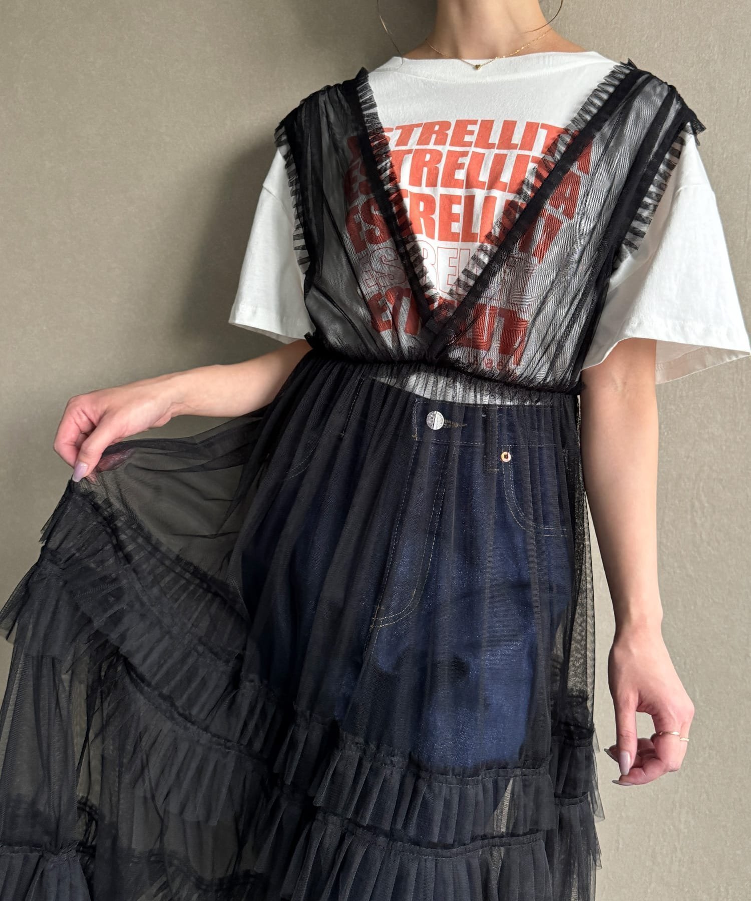 【ジュノア/JUNOAH】のチュールティアードワンピース インテリア・キッズ・メンズ・レディースファッション・服の通販 founy(ファニー) 　ファッション　Fashion　レディースファッション　Fashion for Women　ワンピース　Dresses　ブラック|ID: prp329100004813519 ipo3291000000034949146