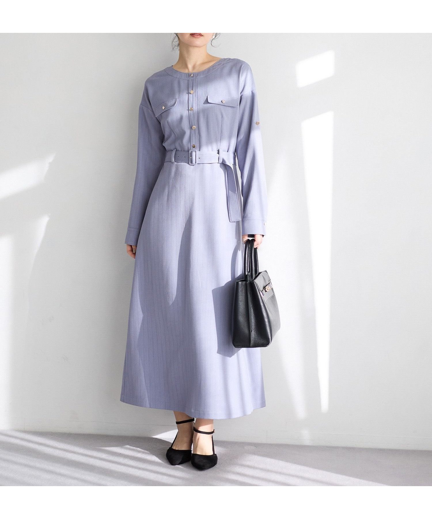 【アンデミュウ/Andemiu】の【セレモニー】キンボタンノーカラーワンピース インテリア・キッズ・メンズ・レディースファッション・服の通販 founy(ファニー) 　ファッション　Fashion　レディースファッション　Fashion for Women　ワンピース　Dresses　アクセサリー　Fashion Accessories　クラシカル　Classical, Vintage-Inspired　セレモニー　Ceremony　フレア　Flare, Flared　ロング　Long, Long-Length　夏　Summer　春　Spring　ブルー|ID: prp329100004813535 ipo3291000000034949307