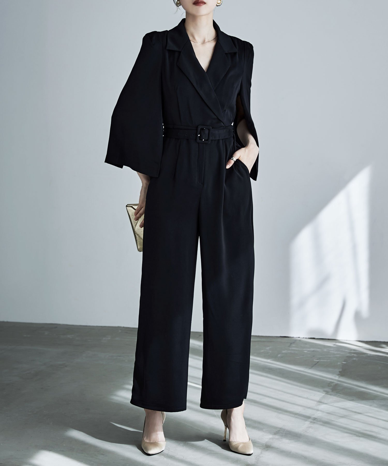 【ビーフラット/bflat】のスリットスリーブオールインワンパンツドレス インテリア・キッズ・メンズ・レディースファッション・服の通販 founy(ファニー) ファッション Fashion レディースファッション Fashion for Women パンツ Pants & Trousers オケージョン Occasion Wear スリット Slit, Slit Detail ポケット Pocket, Pocket Detail ブラック|ID: prp329100004813610 ipo3291000000034950666