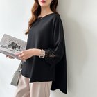 【ココモモ/COCOMOMO】の袖レースブラウス チュニックブラウス ゆったり体型カバー ブラウス 七分袖 人気、トレンドファッション・服の通販 founy(ファニー) ファッション Fashion レディースファッション Fashion for Women トップス・カットソー Cut & Sew Tops シャツ・ブラウス・オフィスカジュアル Elegant Blouses & Button-Ups エレガント 上品 Elegant チュニック Tunic, Long Top レース Lace, Lace Fabric 切替 Switching, Contrast Panel 透かし Cut-Out, Lacework thumbnail ブラック|ID: prp329100004813633 ipo3291000000034951053