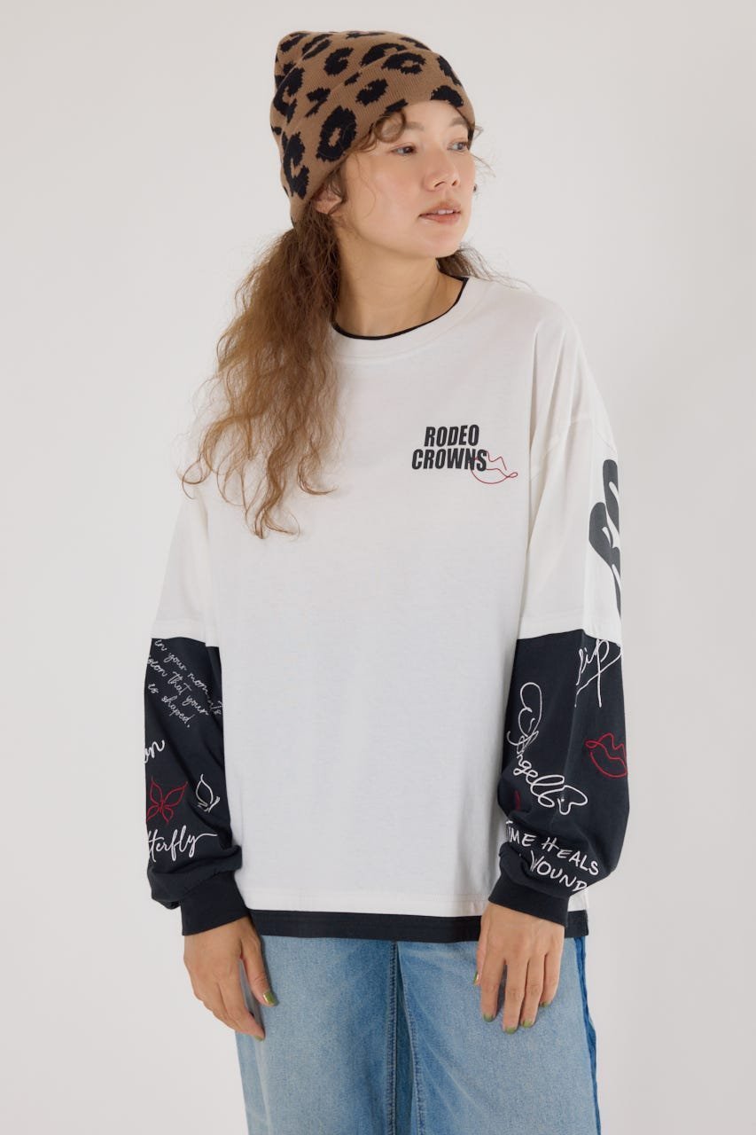 【ロデオクラウンズワイドボウル/RODEO CROWNS WIDE BOWL】の【UNISEX】オーバーロゴレイヤードロングスリーブTシャツ インテリア・キッズ・メンズ・レディースファッション・服の通販 founy(ファニー) 　ファッション　Fashion　レディースファッション　Fashion for Women　トップス・カットソー　Cut & Sew Tops　シャツ・ブラウス・オフィスカジュアル　Elegant Blouses & Button-Ups　ロングTシャツ・Tシャツ　Longline T-Shirts & Tees　ユニセックス　Unisex, Genderless　グラフィック　Graphic, Graphic Design　ショート　Short, Short Length　プリント　Print, Printed Pattern　ボトム　Bottoms, Lower Wear　ワイド　Wide, Wide Fit　ワンポイント　One Point, Statement Accent　O/WHT1|ID: prp329100004814014 ipo3291000000034962214