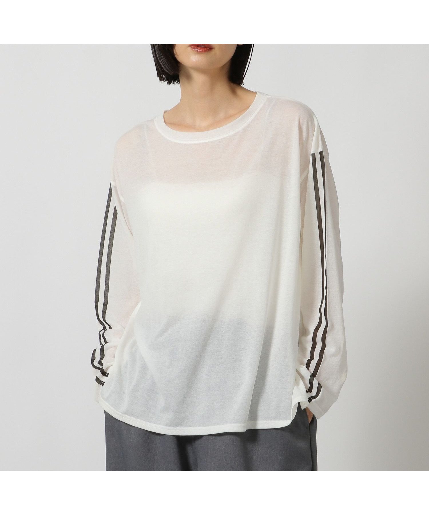 【ラコレ/LAKOLE】の袖ラインプリント長袖T インテリア・キッズ・メンズ・レディースファッション・服の通販 founy(ファニー) 　ファッション　Fashion　レディースファッション　Fashion for Women　トップス・カットソー　Cut & Sew Tops　サロペット　Overalls, Salopette　シアー　Sheer, See-Through　シルバー　Silver, Metallic Silver　ビスチェ　Bustier, Corset Top　プリント　Print, Printed Pattern　長袖　Long Sleeve, Full Sleeve　オフ11|ID: prp329100004814136 ipo3291000000034963263