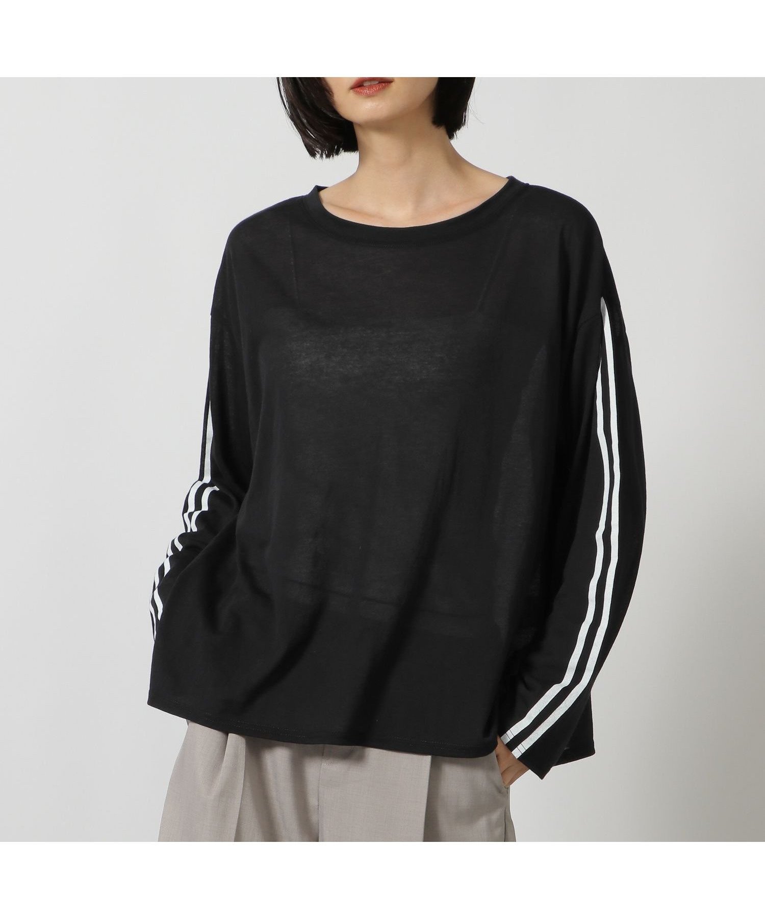 【ラコレ/LAKOLE】の袖ラインプリント長袖T インテリア・キッズ・メンズ・レディースファッション・服の通販 founy(ファニー) 　ファッション　Fashion　レディースファッション　Fashion for Women　トップス・カットソー　Cut & Sew Tops　サロペット　Overalls, Salopette　シアー　Sheer, See-Through　シルバー　Silver, Metallic Silver　ビスチェ　Bustier, Corset Top　プリント　Print, Printed Pattern　長袖　Long Sleeve, Full Sleeve　ブラック19|ID: prp329100004814136 ipo3291000000034963267