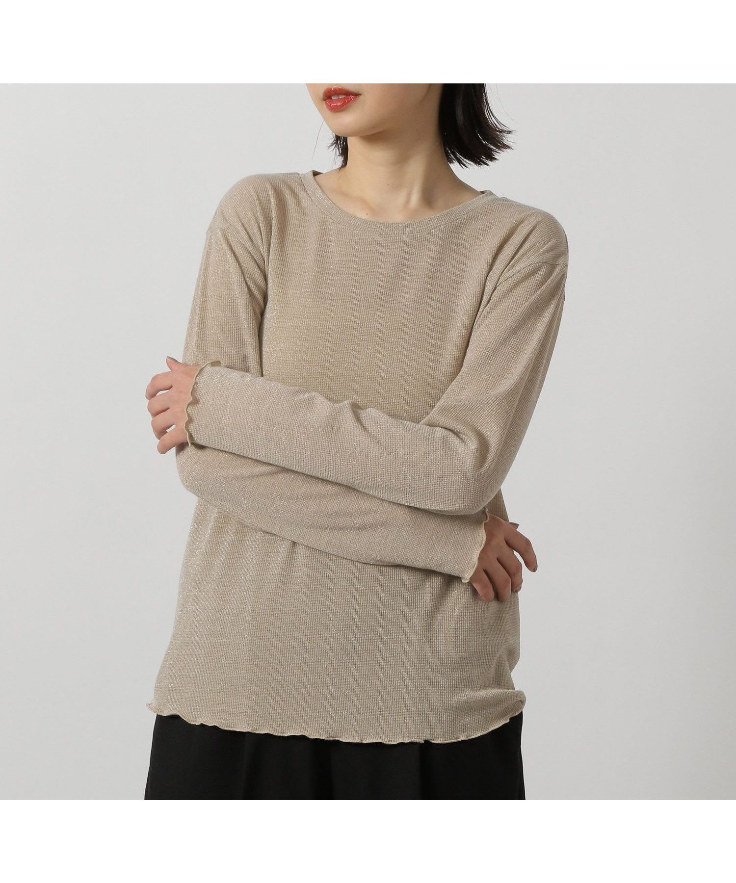 【ラコレ/LAKOLE】のラメワッフル長袖T インテリア・キッズ・メンズ・レディースファッション・服の通販 founy(ファニー) 　ファッション　Fashion　レディースファッション　Fashion for Women　トップス・カットソー　Cut & Sew Tops　インナー　Innerwear　サロペット　Overalls, Salopette　ジャケット　Jacket, Outerwear　ワッフル　Waffle, Waffle Knit　長袖　Long Sleeve, Full Sleeve　ベージュ|ID: prp329100004814153 ipo3291000000034963469