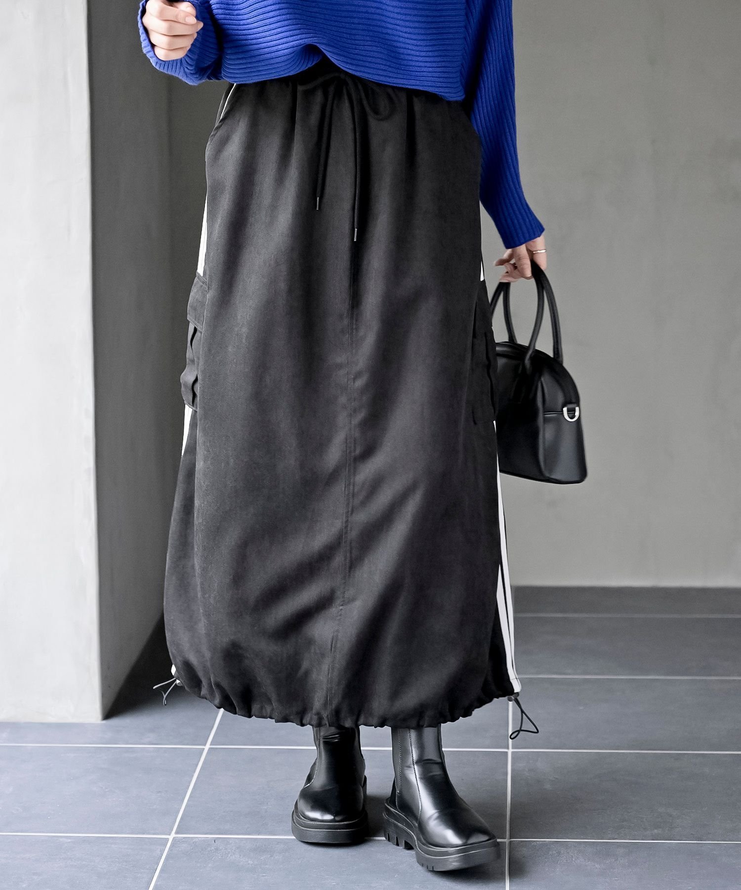 【アールピーエス/rps】のサイドライン入りカーゴスカート インテリア・キッズ・メンズ・レディースファッション・服の通販 founy(ファニー) 　ファッション　Fashion　レディースファッション　Fashion for Women　スカート　Skirts　ツイル　Twist, Twisted Detail　バルーン　Balloon, Balloon Silhouette　ロング　Long, Long-Length　ワンポイント　One Point, Statement Accent　ブラック|ID: prp329100004814396 ipo3291000000034965799