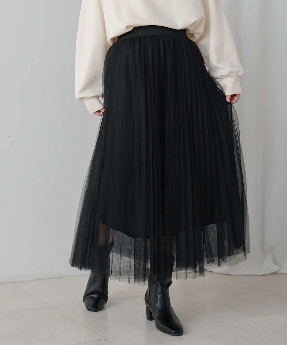 【バブ ブージュルード/Bab Bou Jeloud】の【WEB限定】フレアチュールスカート インテリア・キッズ・メンズ・レディースファッション・服の通販 founy(ファニー) 　ファッション　Fashion　レディースファッション　Fashion for Women　スカート　Skirts　エアリー　Airy Texture　チュール　Tulip, Tulip Motif　フェミニン　Feminine, Girly　プリーツ　Pleats, Pleated　再入荷　Restock / Back in Stock　楽ちん　Easy Fit, Comfortable　BLACK|ID: prp329100004814447 ipo3291000000034966273