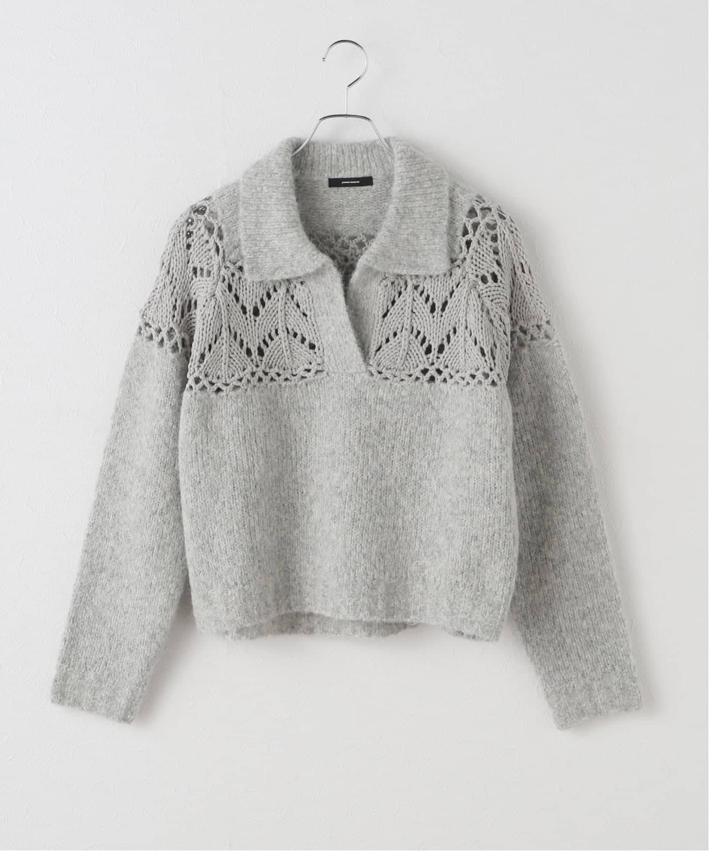 【ジャーナルスタンダード/JOURNAL STANDARD】のカギアミキリカエニットポロシャツ インテリア・キッズ・メンズ・レディースファッション・服の通販 founy(ファニー) 　ファッション　Fashion　レディースファッション　Fashion for Women　トップス・カットソー　Cut & Sew Tops　ニット　Knit Tops & Sweaters　シャツ・ブラウス・オフィスカジュアル　Elegant Blouses & Button-Ups　ポロシャツ・きれいめカジュアル　Smart-Casual Polo Tops　スマート　Smart, Elegant　デニム　Denim, Jeans Material　フェミニン　Feminine, Girly　ロング　Long, Long-Length　冬　Winter / This Winter　透かし　Cut-Out, Lacework　グレーB|ID: prp329100004814503 ipo3291000000034967421