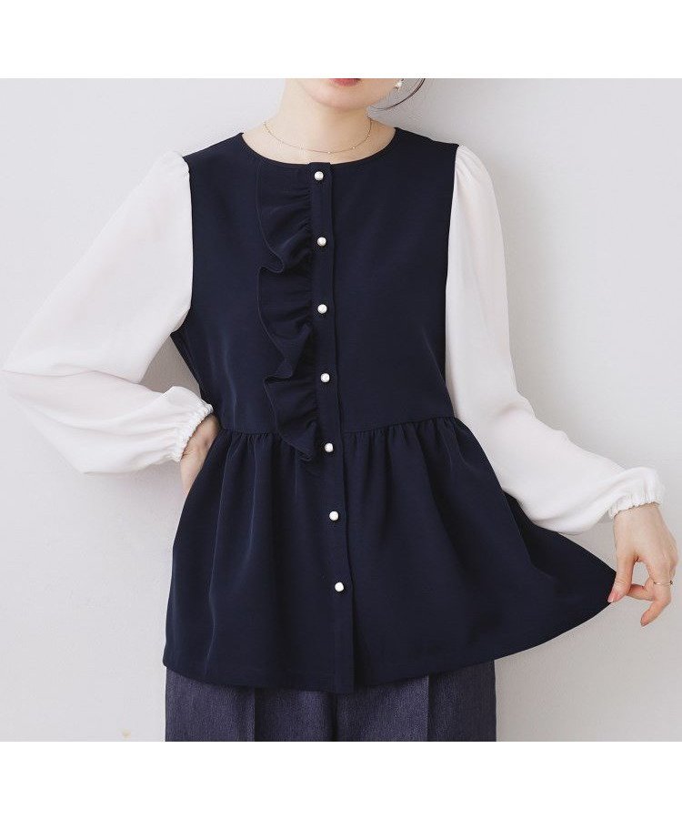 【クチュール ブローチ/Couture Brooch】の【ハレの日・通勤】フリルドッキング ペプラムブラウス インテリア・キッズ・メンズ・レディースファッション・服の通販 founy(ファニー) 　ファッション　Fashion　レディースファッション　Fashion for Women　トップス・カットソー　Cut & Sew Tops　シャツ・ブラウス・オフィスカジュアル　Elegant Blouses & Button-Ups　シフォン　Chiffon, Lightweight Fabric　スマート　Smart, Elegant　ドッキング　Docking, Mixed Material　パール　Pearl, Pearl Accent　フリル　Frill, Ruffle　フロント　Front, Front Design　ペプラム　Peplum, Flared Hem　エレガント 上品　Elegant　ビジネス 仕事 通勤　Business / Work / Commuting　ネイビー|ID: prp329100004814510 ipo3291000000034967453