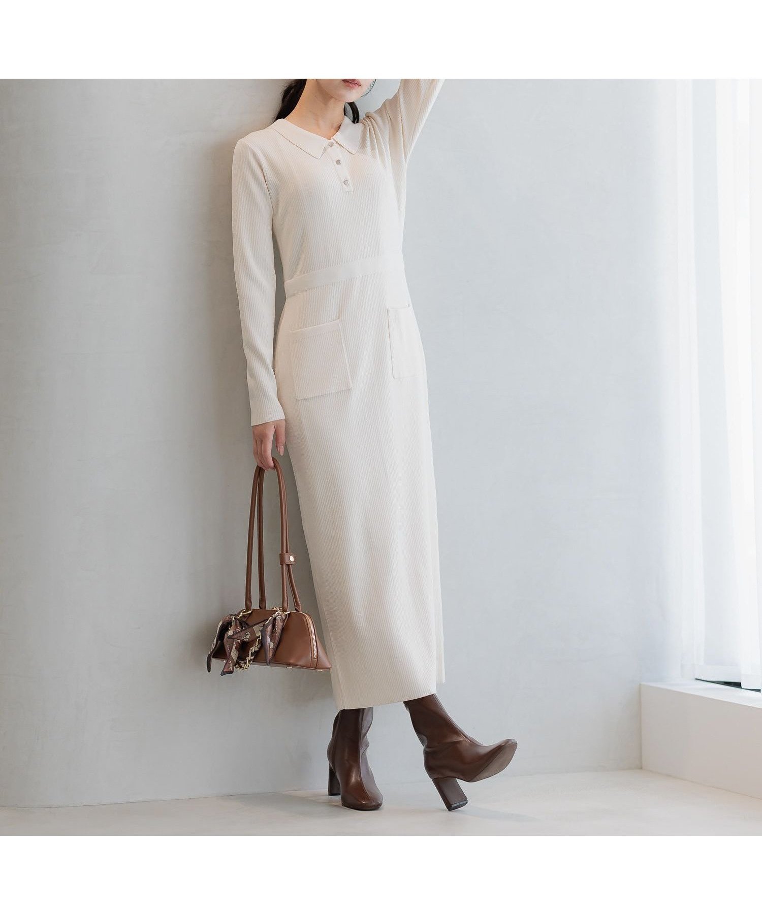 【アンデミュウ/Andemiu】のニットポロワンピース インテリア・キッズ・メンズ・レディースファッション・服の通販 founy(ファニー) 　ファッション　Fashion　レディースファッション　Fashion for Women　ワンピース　Dresses　スリット　Slit, Slit Detail　トレンド　Trend, Trending Now　ポケット　Pocket, Pocket Detail　ロング　Long, Long-Length　切替　Switching, Contrast Panel　アイボリー|ID: prp329100004814531 ipo3291000000034967707