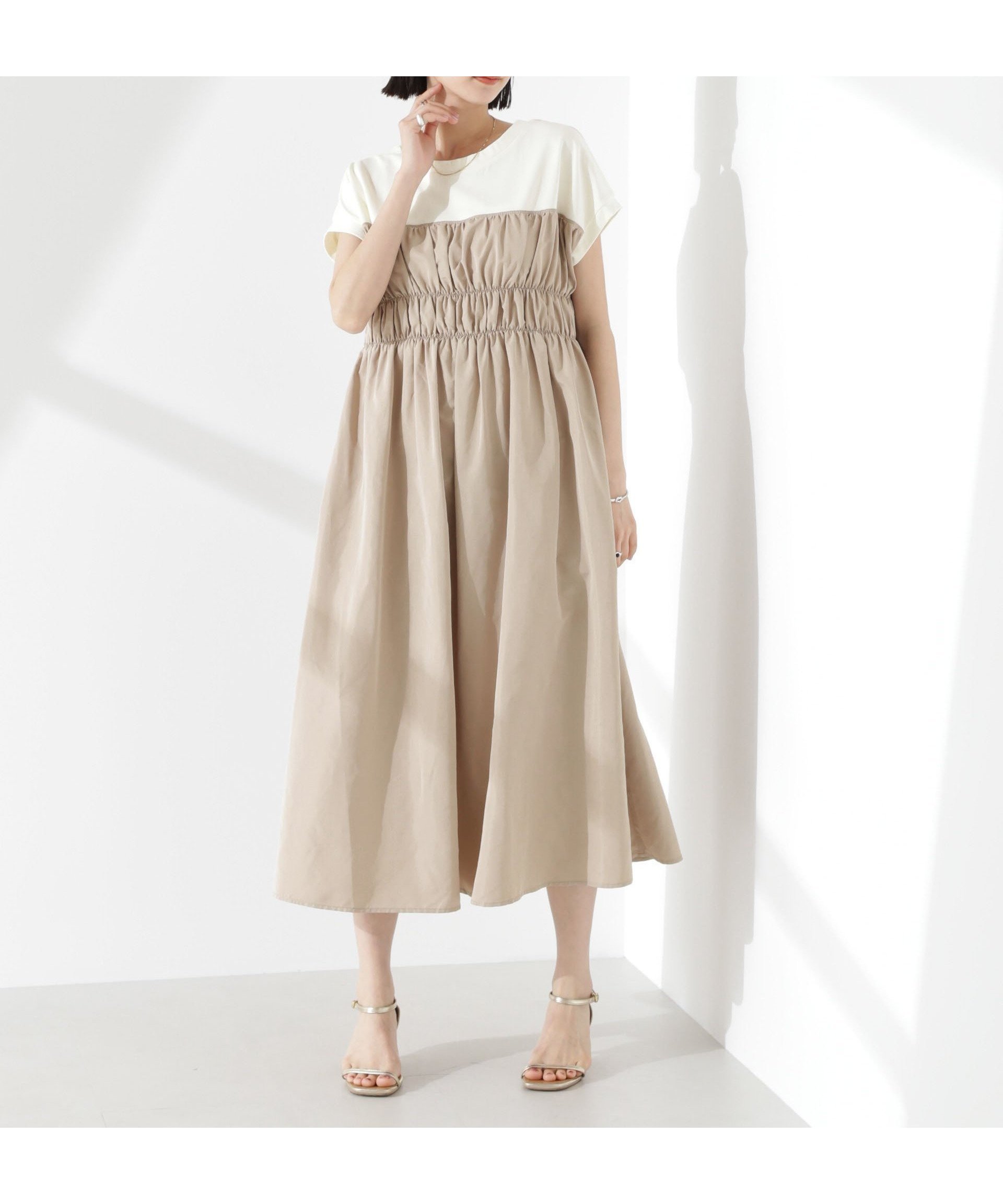 【ナノ ユニバース/nano universe】のフロントシャーリングドッキングワンピース インテリア・キッズ・メンズ・レディースファッション・服の通販 founy(ファニー) 　ファッション　Fashion　レディースファッション　Fashion for Women　ワンピース　Dresses　ウォッシャブル　Machine Washable　カットソー　Cut and Sewn Top　コンビ　Combo, Combination Style　シャーリング　Shirring, Ruched　ジャケット　Jacket, Outerwear　スリーブ　Sleeve, Long Sleeve / Short Sleeve　デニム　Denim, Jeans Material　ドッキング　Docking, Mixed Material　ビスチェ　Bustier, Corset Top　フレンチ　French, French Style　フロント　Front, Front Design　ロング　Long, Long-Length　アウトレット　Outlet / Clearance　おすすめ　Recommended / Our Picks　2025年　2025　2025春夏・S/S　Spring/Summer 2025 SS25　ベージュ|ID: prp329100004814547 ipo3291000000034967965