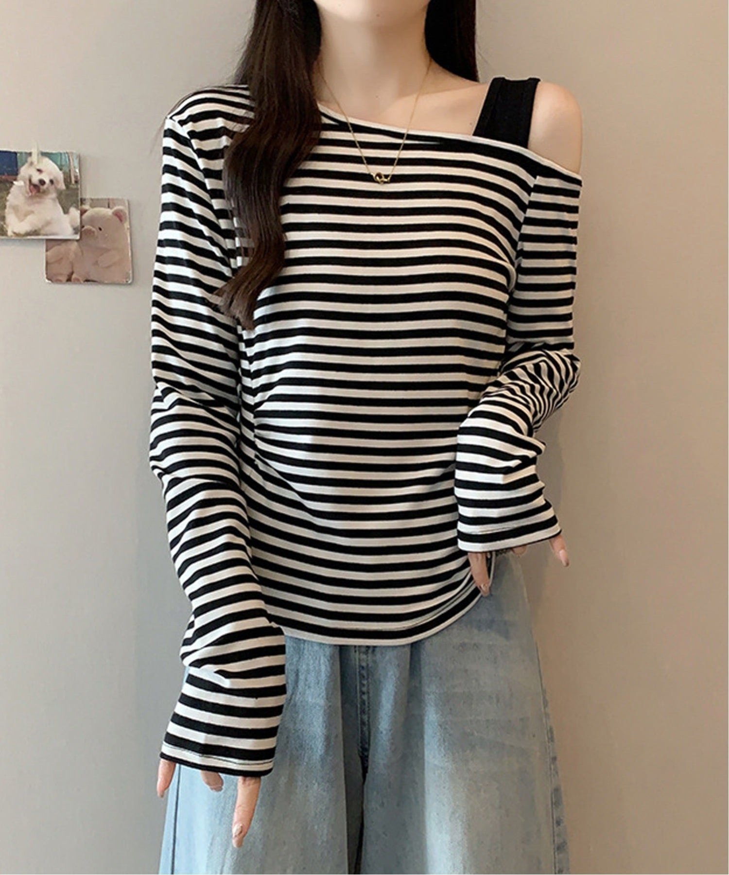 【チェルカ/CERCA】のChiina/Chiina /長袖 ボーダーワンショルトップス インテリア・キッズ・メンズ・レディースファッション・服の通販 founy(ファニー) 　ファッション　Fashion　レディースファッション　Fashion for Women　トップス・カットソー　Cut & Sew Tops　おすすめ　Recommended / Our Picks　ショルダー　Shoulder, Shoulder Strap　スラックス　Slacks, Dress Pants　バルーン　Balloon, Balloon Silhouette　ボトム　Bottoms, Lower Wear　ボーダー　Border, Stripe　再入荷　Restock / Back in Stock　長袖　Long Sleeve, Full Sleeve　ホワイト|ID: prp329100004814580 ipo3291000000034968217