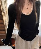 【ミニミニストア/miniministore】のレース付TシャツVネック長袖リブトップス 人気、トレンドファッション・服の通販 founy(ファニー) ファッション Fashion レディースファッション Fashion for Women トップス・カットソー Cut & Sew Tops シャツ・ブラウス・オフィスカジュアル Elegant Blouses & Button-Ups ロングTシャツ・Tシャツ Longline T-Shirts & Tees Vネックトップス V-Neck Tops / V-Cut Neckline Shirts ガーリー Girly, Feminine Style スウェット / スエット Sweatshirt, Sweatwear デニム Denim, Jeans Material 長袖 Long Sleeve, Full Sleeve フィット Fit, Slim Fit フェミニン Feminine, Girly 無地 Plain, Solid Color レース Lace, Lace Fabric thumbnail ブラック|ID: prp329100004814600 ipo3291000000034968339