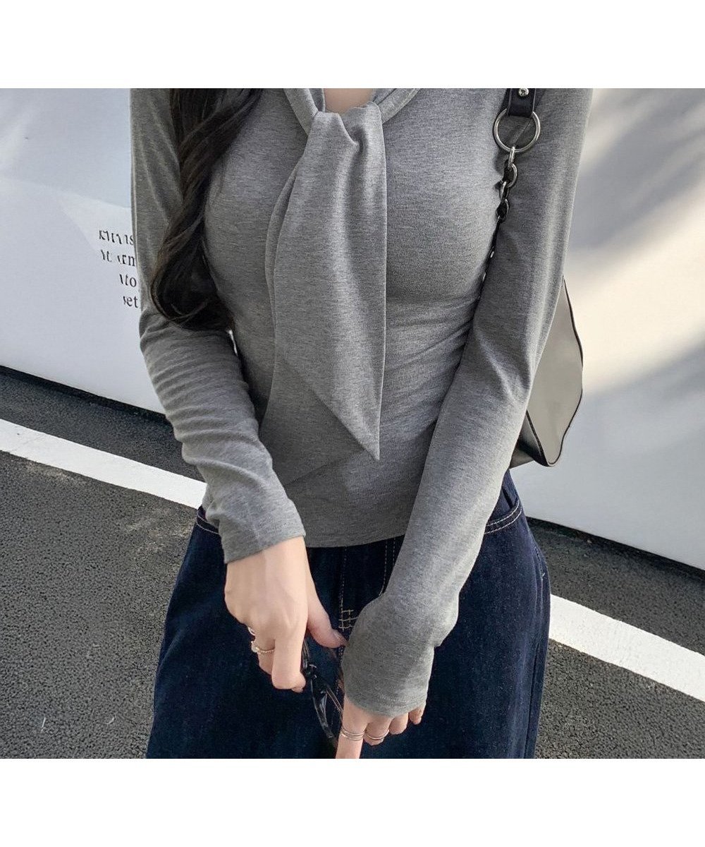 【ミニミニストア/miniministore】のリボンタイ付きトップス ボウタイtシャツ インテリア・キッズ・メンズ・レディースファッション・服の通販 founy(ファニー) 　ファッション　Fashion　レディースファッション　Fashion for Women　トップス・カットソー　Cut & Sew Tops　シャツ・ブラウス・オフィスカジュアル　Elegant Blouses & Button-Ups　ロングTシャツ・Tシャツ　Longline T-Shirts & Tees　インナー　Innerwear　カットソー　Cut and Sewn Top　ストレッチ　Stretch, Stretchy Fabric　タイトスカート　Pencil Skirt, Tight Skirt　リボン　Ribbon, Bow　無地　Plain, Solid Color　秋　Autumn　A/W・秋冬　Autumn/Winter　ビジネス 仕事 通勤　Business / Work / Commuting　長袖　Long Sleeve, Full Sleeve　グレー|ID: prp329100004814602 ipo3291000000034968353