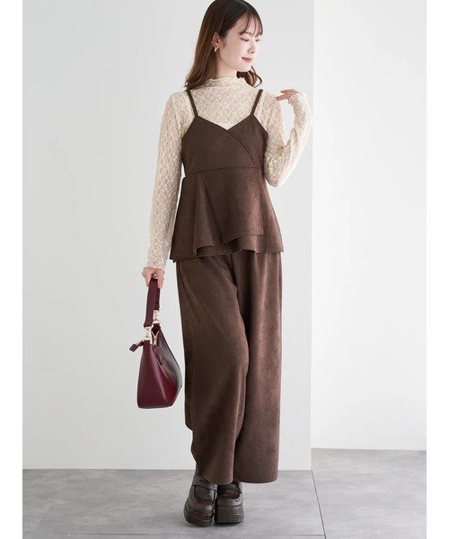【ルディックパーク/LUDIC PARK】のSET スエードポンチラップ風キャミソール×ワイドパンツ インテリア・キッズ・メンズ・レディースファッション・服の通販 founy(ファニー) 　ファッション　Fashion　レディースファッション　Fashion for Women　パンツ　Pants & Trousers　インナー　Innerwear　キャミソール　Camisole, Spaghetti Strap Top　シアー　Sheer, See-Through　セットアップ　Set-Up, Coordinated Outfit　タートルネック　Turtleneck, High Neck　フェミニン　Feminine, Girly　ポケット　Pocket, Pocket Detail　羽織　Haori, Light Jacket　ラップ　Wrap, Wrap Design　ロング　Long, Long-Length　ワイド　Wide, Wide Fit　茶|ID: prp329100004814604 ipo3291000000034968371
