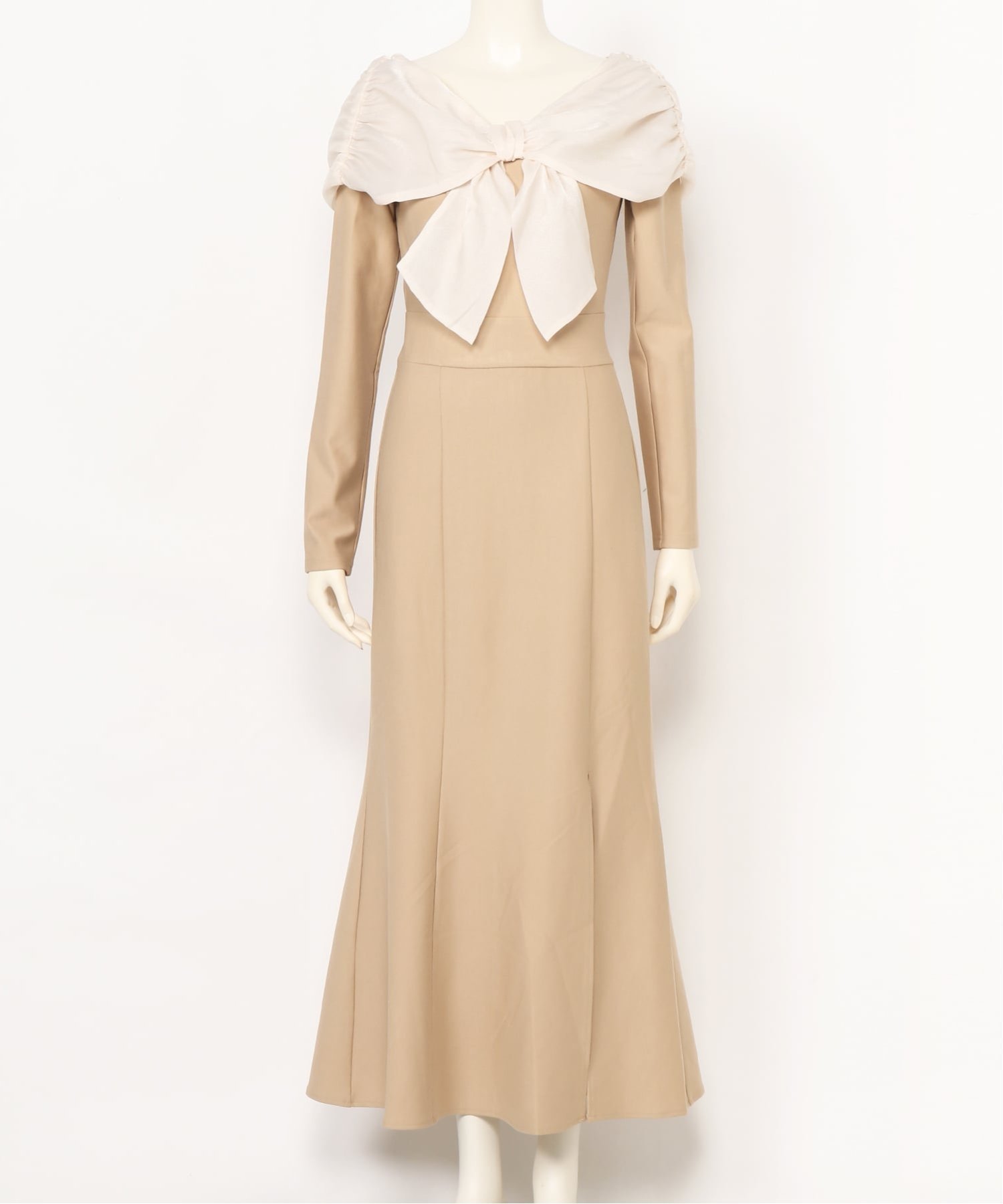 【リップサービス/LIP SERVICE】のLIP SERVICE/リボンオフショルバイカラーワンピース インテリア・キッズ・メンズ・レディースファッション・服の通販 founy(ファニー) 　ファッション　Fashion　レディースファッション　Fashion for Women　ワンピース　Dresses　おすすめ　Recommended / Our Picks　ガーリー　Girly, Feminine Style　シャーリング　Shirring, Ruched　ショート　Short, Short Length　スリット　Slit, Slit Detail　デコルテ　Décolleté, Neckline　マーメイド　Mermaid, Fishtail Silhouette　リボン　Ribbon, Bow　ベージュ|ID: prp329100004815020 ipo3291000000034972252