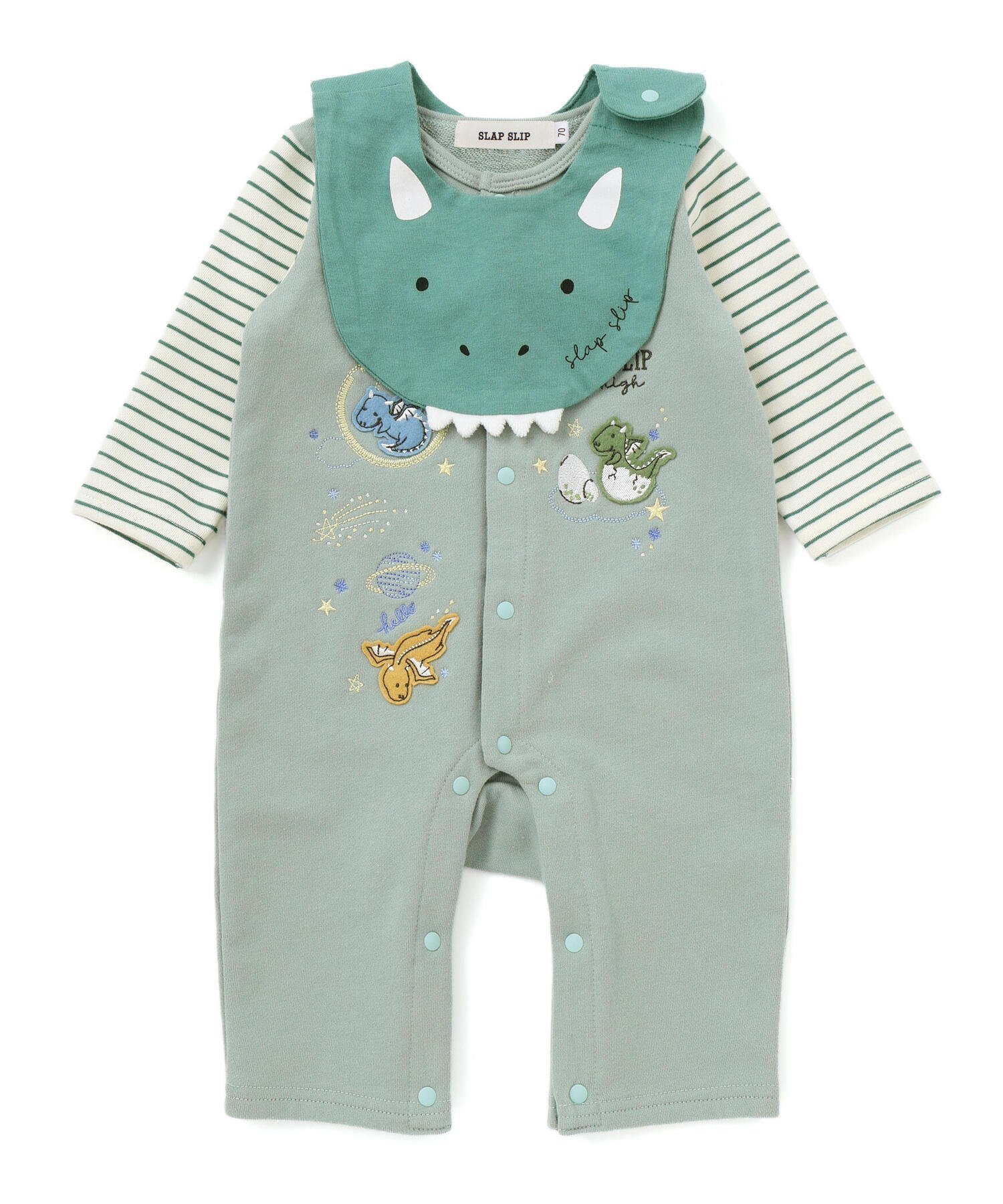 【ベベ オンライン ストア/BEBE ONLINE STORE / KIDS】のドラゴン刺しゅうロンパース+お顔スタイ2点セットベビー(60~80cm) インテリア・キッズ・メンズ・レディースファッション・服の通販 founy(ファニー) 　ファッション　Fashion　キッズファッション　Fashion for Kids　フレンチ　French, French Style　フロント　Front, Front Design　ベビー　Baby, Babywear　ボーダー　Border, Stripe　ロンパース　Romper, Jumpsuit　A/W・秋冬　Autumn/Winter　おすすめ　Recommended / Our Picks　エレガント 上品　Elegant　2025年　2025　2025-2026秋冬・A/W　Autumn/Winter 2025–26 AW25–26　グリーン|ID: prp329100004815091 ipo3291000000034972811