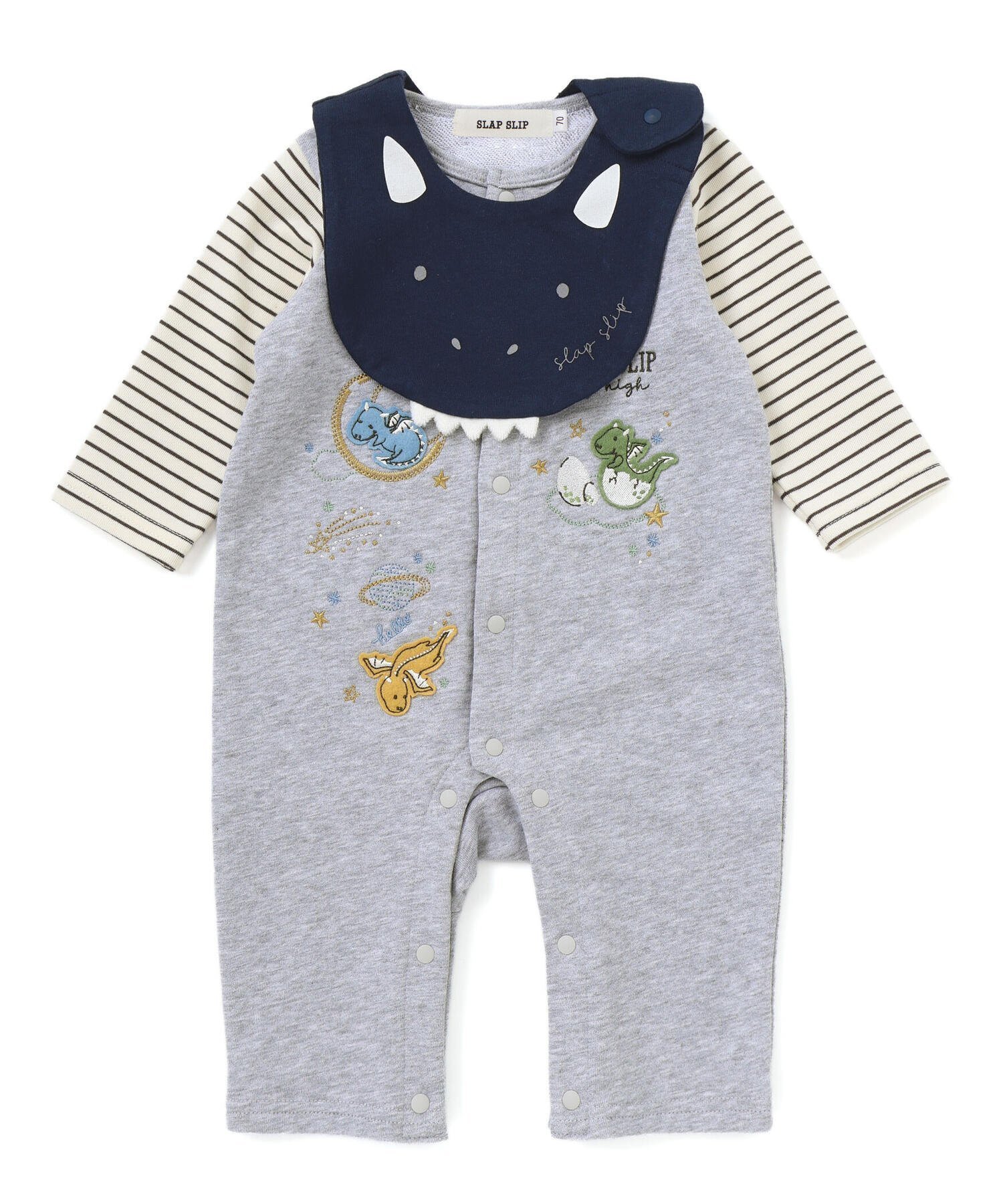 【ベベ オンライン ストア/BEBE ONLINE STORE / KIDS】のドラゴン刺しゅうロンパース+お顔スタイ2点セットベビー(60~80cm) インテリア・キッズ・メンズ・レディースファッション・服の通販 founy(ファニー) 　ファッション　Fashion　キッズファッション　Fashion for Kids　フレンチ　French, French Style　フロント　Front, Front Design　ベビー　Baby, Babywear　ボーダー　Border, Stripe　ロンパース　Romper, Jumpsuit　A/W・秋冬　Autumn/Winter　おすすめ　Recommended / Our Picks　エレガント 上品　Elegant　2025年　2025　2025-2026秋冬・A/W　Autumn/Winter 2025–26 AW25–26　グレー×ネイビー|ID: prp329100004815091 ipo3291000000034972812