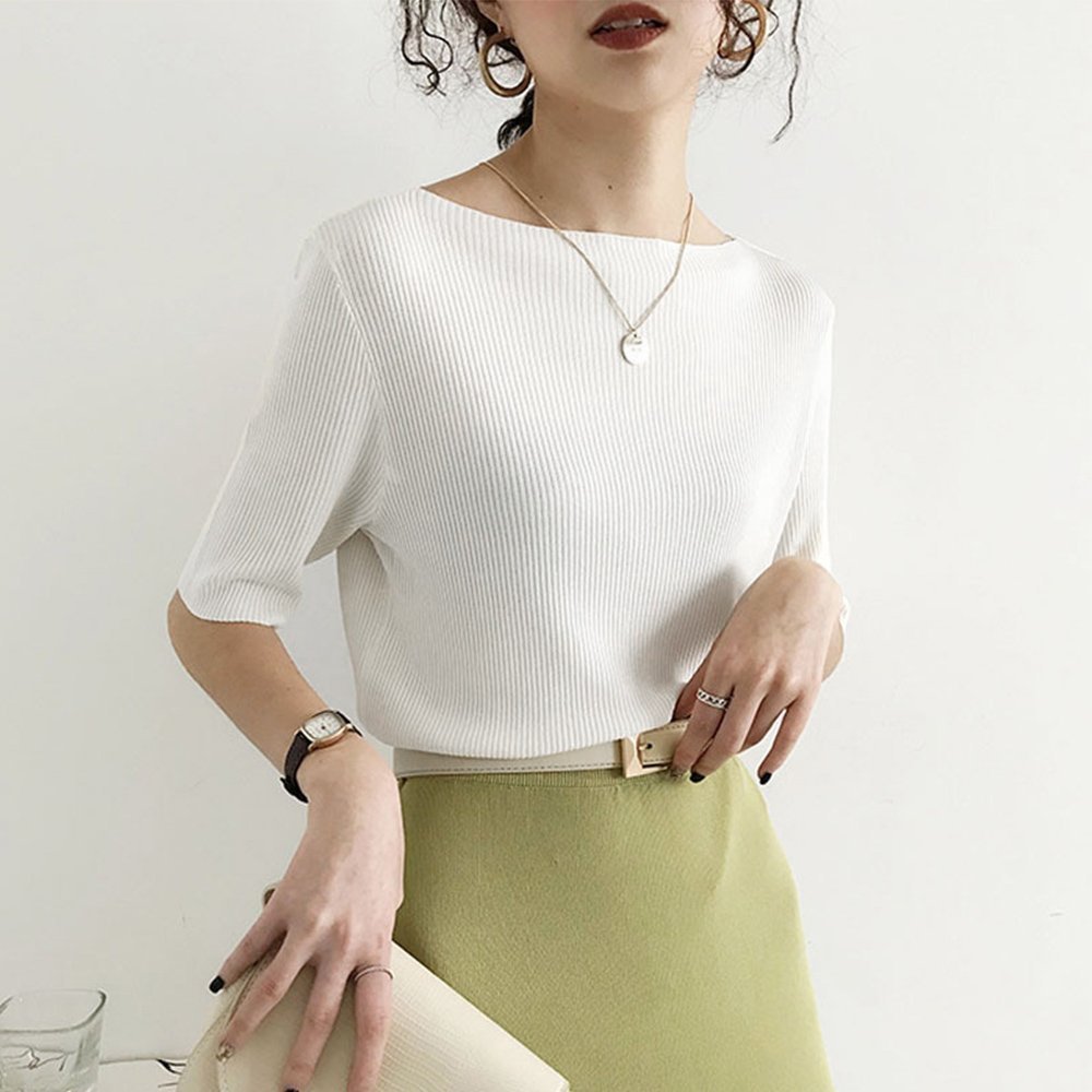 【ミニミニストア/miniministore】の5分袖リブニット夏服トップス レディース インテリア・キッズ・メンズ・レディースファッション・服の通販 founy(ファニー) 　ファッション　Fashion　レディースファッション　Fashion for Women　トップス・カットソー　Cut & Sew Tops　ニット　Knit Tops & Sweaters　イエロー　Yellow　インナー　Innerwear　カットソー　Cut and Sewn Top　デニム　Denim, Jeans Material　ベスト　Vest, Waistcoat　リブニット　Rib Knit, Ribbed Knit　夏　Summer　洗える　Machine Washable　無地　Plain, Solid Color　ボートネック*ホワイト|ID: prp329100004815236 ipo3291000000034973969