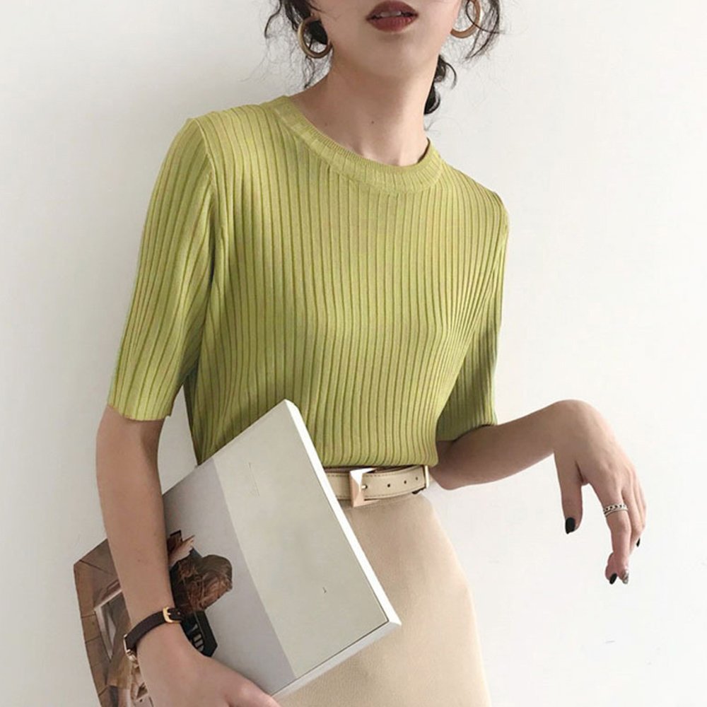 【ミニミニストア/miniministore】の5分袖リブニット夏服トップス レディース インテリア・キッズ・メンズ・レディースファッション・服の通販 founy(ファニー) 　ファッション　Fashion　レディースファッション　Fashion for Women　トップス・カットソー　Cut & Sew Tops　ニット　Knit Tops & Sweaters　イエロー　Yellow　インナー　Innerwear　カットソー　Cut and Sewn Top　デニム　Denim, Jeans Material　ベスト　Vest, Waistcoat　リブニット　Rib Knit, Ribbed Knit　夏　Summer　洗える　Machine Washable　無地　Plain, Solid Color　クルーネック*グリーン|ID: prp329100004815236 ipo3291000000034973974