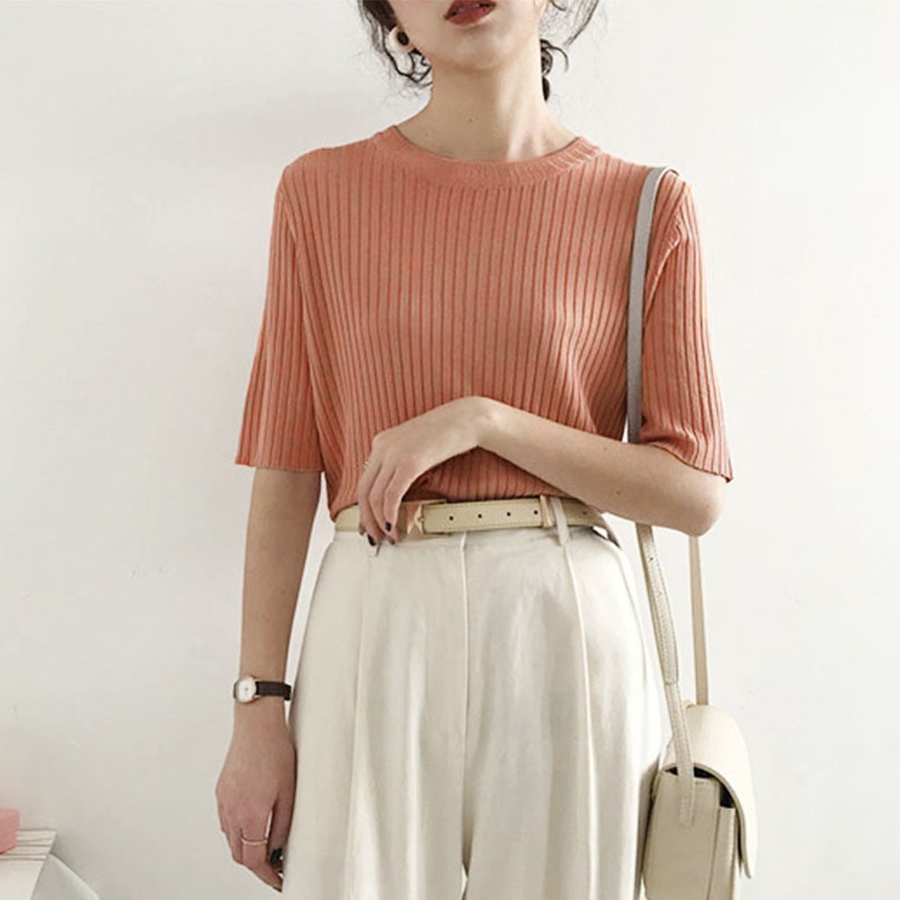 【ミニミニストア/miniministore】の5分袖リブニット夏服トップス レディース インテリア・キッズ・メンズ・レディースファッション・服の通販 founy(ファニー) 　ファッション　Fashion　レディースファッション　Fashion for Women　トップス・カットソー　Cut & Sew Tops　ニット　Knit Tops & Sweaters　イエロー　Yellow　インナー　Innerwear　カットソー　Cut and Sewn Top　デニム　Denim, Jeans Material　ベスト　Vest, Waistcoat　リブニット　Rib Knit, Ribbed Knit　夏　Summer　洗える　Machine Washable　無地　Plain, Solid Color　クルーネック*ピンク|ID: prp329100004815236 ipo3291000000034973975