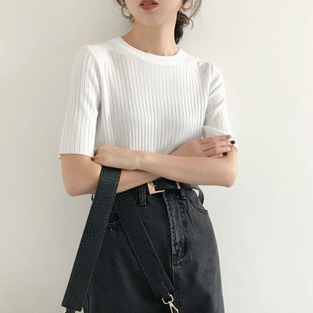【ミニミニストア/miniministore】の5分袖リブニット夏服トップス レディース インテリア・キッズ・メンズ・レディースファッション・服の通販 founy(ファニー) 　ファッション　Fashion　レディースファッション　Fashion for Women　トップス・カットソー　Cut & Sew Tops　ニット　Knit Tops & Sweaters　イエロー　Yellow　インナー　Innerwear　カットソー　Cut and Sewn Top　デニム　Denim, Jeans Material　ベスト　Vest, Waistcoat　リブニット　Rib Knit, Ribbed Knit　夏　Summer　洗える　Machine Washable　無地　Plain, Solid Color　クルーネック*ホワイト|ID: prp329100004815236 ipo3291000000034973978