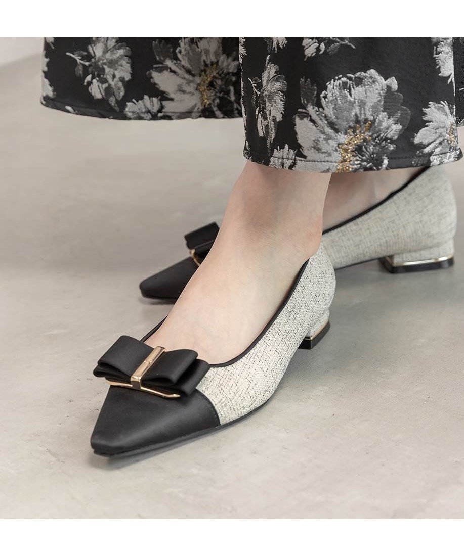 【ランダ/RANDA】のコンビマテリアルリボンフラットパンプス インテリア・キッズ・メンズ・レディースファッション・服の通販 founy(ファニー) 　ファッション　Fashion　レディースファッション　Fashion for Women　エレガント 上品　Elegant　クッション　Cushion, Throw Pillow　クラシカル　Classical, Vintage-Inspired　ツイード　Twill, Twill Weave　フェミニン　Feminine, Girly　フラット　Flat, Flat Shoes　リボン　Ribbon, Bow　IVORY|ID: prp329100004815342 ipo3291000000034974767