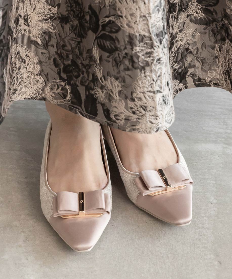 【ランダ/RANDA】のコンビマテリアルリボンフラットパンプス インテリア・キッズ・メンズ・レディースファッション・服の通販 founy(ファニー) 　ファッション　Fashion　レディースファッション　Fashion for Women　エレガント 上品　Elegant　クッション　Cushion, Throw Pillow　クラシカル　Classical, Vintage-Inspired　ツイード　Twill, Twill Weave　フェミニン　Feminine, Girly　フラット　Flat, Flat Shoes　リボン　Ribbon, Bow　BEIGE|ID: prp329100004815342 ipo3291000000034974768