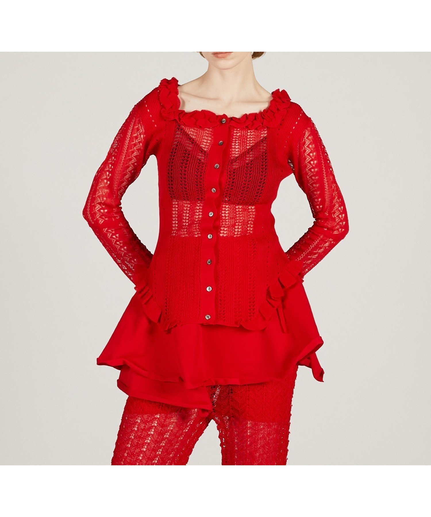 【プランク プロジェクト/PRANK PROJECT】のクロシェライク2WAYカーディガン / Crochet-Like 2-Way Cardigan インテリア・キッズ・メンズ・レディースファッション・服の通販 founy(ファニー) 　ファッション　Fashion　レディースファッション　Fashion for Women　トップス・カットソー　Cut & Sew Tops　カーディガン・羽織り　Layered Style Cardigans　カーディガン　Cardigan, Knitwear　デコルテ　Décolleté, Neckline　フリル　Frill, Ruffle　レース　Lace, Lace Fabric　RED|ID: prp329100004815641 ipo3291000000034977302