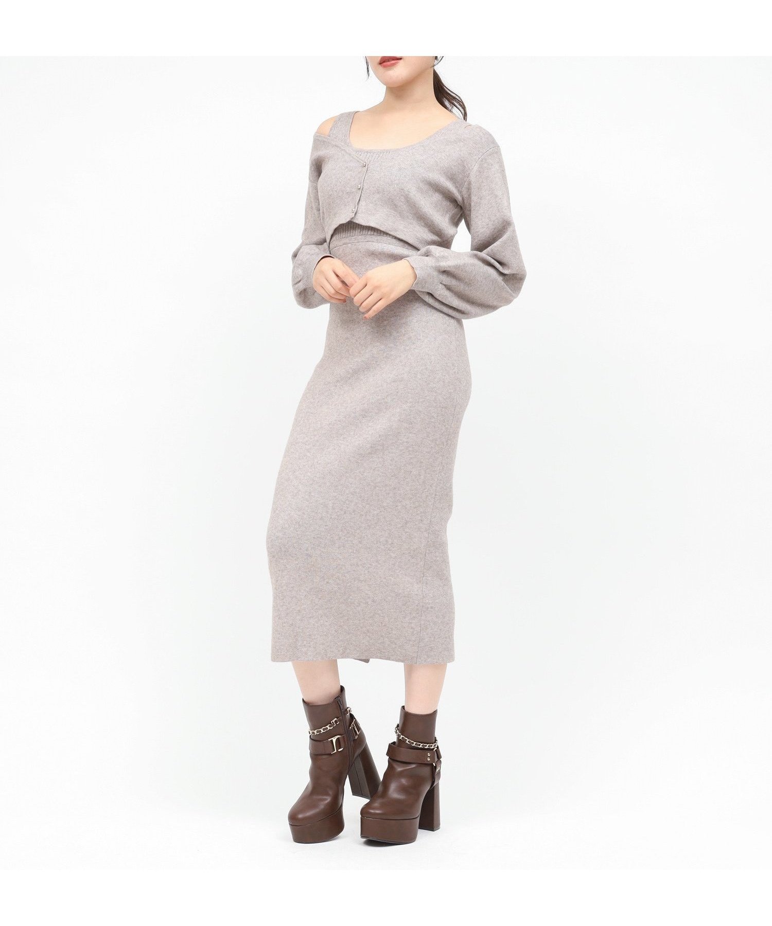 【ロイヤルパーティー/ROYAL PARTY】のニットアンサンブルタイトワンピース インテリア・キッズ・メンズ・レディースファッション・服の通販 founy(ファニー) 　ファッション　Fashion　レディースファッション　Fashion for Women　ワンピース　Dresses　アンサンブル　Ensemble Set　カーディガン　Cardigan, Knitwear　スリーブ　Sleeve, Long Sleeve / Short Sleeve　フロント　Front, Front Design　秋　Autumn　グレー|ID: prp329100004815682 ipo3291000000034977710