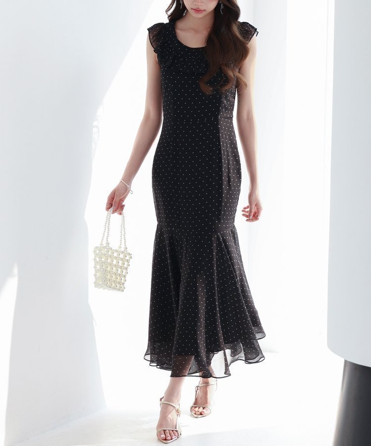 【セゾンドパピヨン/SAISON DE PAPILLON】のドットシフォンロング丈ワンピース 人気、トレンドファッション・服の通販 founy(ファニー) 　ファッション　Fashion　レディースファッション　Fashion for Women　ワンピース　Dresses　シフォン　Chiffon, Lightweight Fabric　ドット　Polka Dot, Dot Pattern　フェミニン　Feminine, Girly　フリル　Frill, Ruffle　フレア　Flare, Flared　マーメイド　Mermaid, Fishtail Silhouette　リボン　Ribbon, Bow　エレガント 上品　Elegant　 other-1|ID: prp329100004815741 ipo3291000000034978518