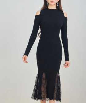 【セゾンドパピヨン/SAISON DE PAPILLON】のレースドキングオープンショルダーニットミディ丈ワンピース 人気、トレンドファッション・服の通販 founy(ファニー) ファッション Fashion レディースファッション Fashion for Women ワンピース Dresses オケージョン Occasion Wear ショルダー Shoulder, Shoulder Strap ドッキング Docking, Mixed Material フリル Frill, Ruffle フレア Flare, Flared マーメイド Mermaid, Fishtail Silhouette レース Lace, Lace Fabric |ID:prp329100004815755