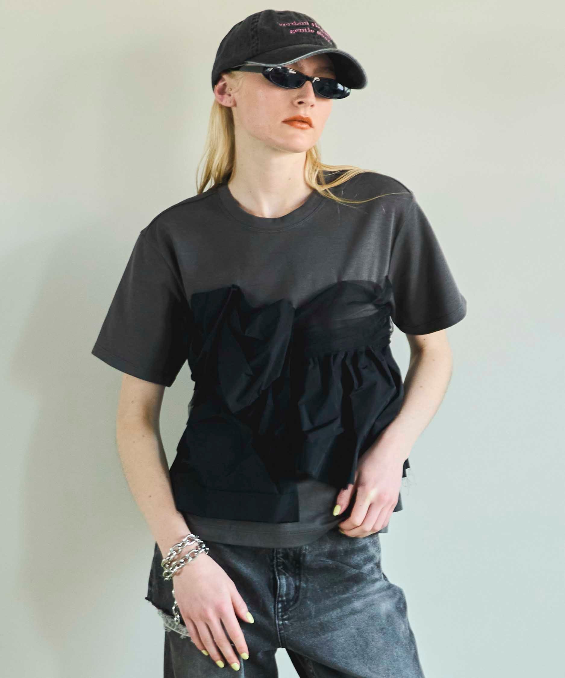 【メゾンスペシャル/MAISON SPECIAL】のDocking Twisted T-shirt インテリア・キッズ・メンズ・レディースファッション・服の通販 founy(ファニー) 　ファッション　Fashion　レディースファッション　Fashion for Women　トップス・カットソー　Cut & Sew Tops　シャツ・ブラウス・オフィスカジュアル　Elegant Blouses & Button-Ups　ロングTシャツ・Tシャツ　Longline T-Shirts & Tees　カットソー　Cut and Sewn Top　タフタ　Taffeta, Structured Fabric　チュール　Tulip, Tulip Motif　ビスチェ　Bustier, Corset Top　ボトム　Bottoms, Lower Wear　エレガント 上品　Elegant　夏　Summer　GRY|ID: prp329100004816282 ipo3291000000034982991