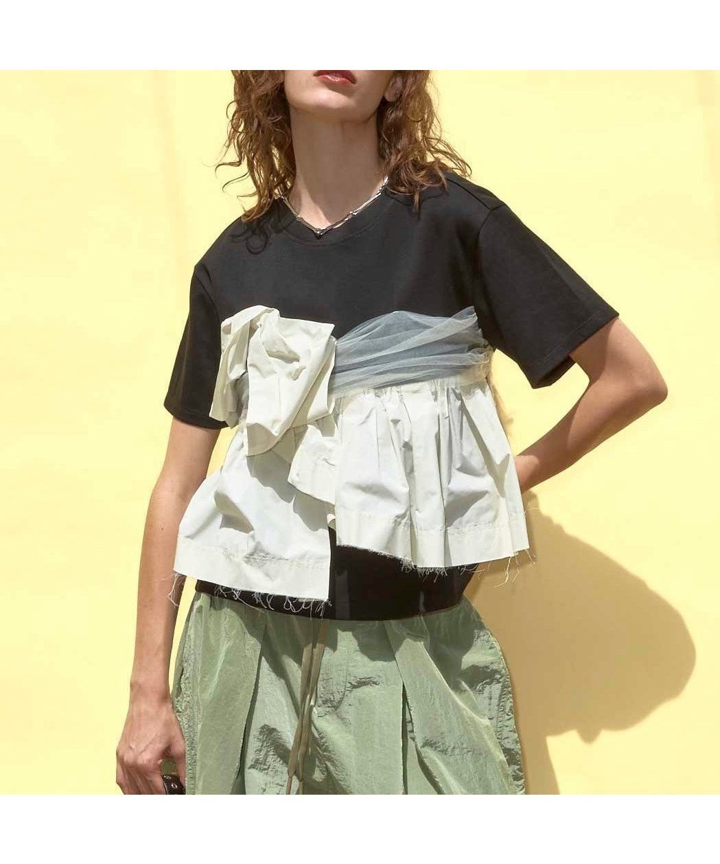 【メゾンスペシャル/MAISON SPECIAL】のDocking Twisted T-shirt インテリア・キッズ・メンズ・レディースファッション・服の通販 founy(ファニー) 　ファッション　Fashion　レディースファッション　Fashion for Women　トップス・カットソー　Cut & Sew Tops　シャツ・ブラウス・オフィスカジュアル　Elegant Blouses & Button-Ups　ロングTシャツ・Tシャツ　Longline T-Shirts & Tees　カットソー　Cut and Sewn Top　タフタ　Taffeta, Structured Fabric　チュール　Tulip, Tulip Motif　ビスチェ　Bustier, Corset Top　ボトム　Bottoms, Lower Wear　エレガント 上品　Elegant　夏　Summer　BLK|ID: prp329100004816282 ipo3291000000034982992