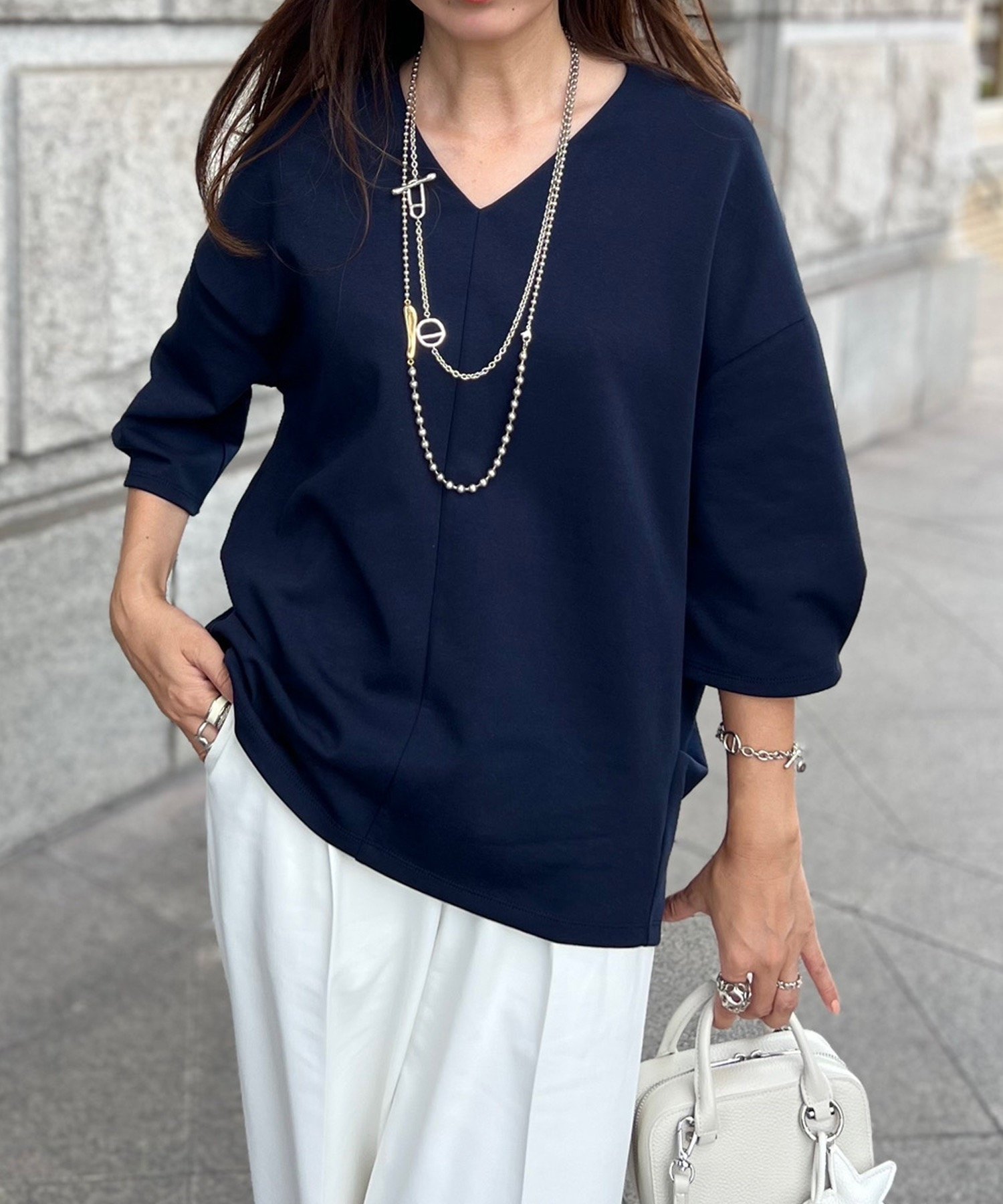 【スタイルドア/STYLEDOOR】のライトダンボール抜き衿ハーフスリーブプルオーバー インテリア・キッズ・メンズ・レディースファッション・服の通販 founy(ファニー) 　ファッション　Fashion　レディースファッション　Fashion for Women　トップス・カットソー　Cut & Sew Tops　カジュアルプルオーバー・ニットトップス　Pullovers & Knit Tops / Casual Pullovers　カットソー　Cut and Sewn Top　デニム　Denim, Jeans Material　パターン　Pattern, Design Print　ボトム　Bottoms, Lower Wear　リラックス　Relax, Relaxed Fit　ワイド　Wide, Wide Fit　エレガント 上品　Elegant　ネイビー|ID: prp329100004816359 ipo3291000000034983729