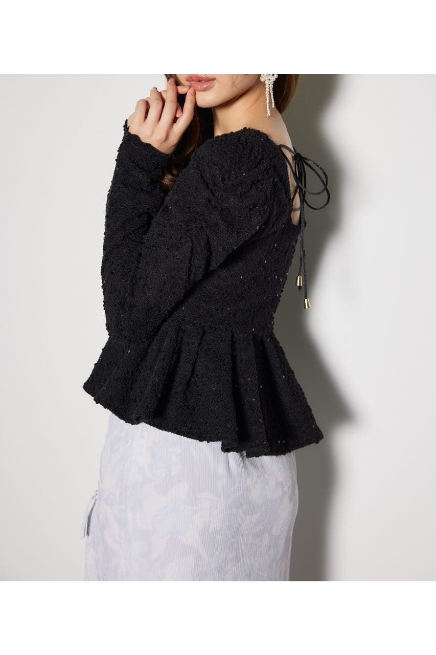 【リエンダ/rienda】のカットレースペプラムトップス インテリア・キッズ・メンズ・レディースファッション・服の通販 founy(ファニー) 　ファッション　Fashion　レディースファッション　Fashion for Women　トップス・カットソー　Cut & Sew Tops　ギャザー　Gathered, Ruffled　スパンコール　Sequins, Sequin Embellishment　タイトスカート　Pencil Skirt, Tight Skirt　デニム　Denim, Jeans Material　フェミニン　Feminine, Girly　フリル　Frill, Ruffle　ペプラム　Peplum, Flared Hem　リラックス　Relax, Relaxed Fit　再入荷　Restock / Back in Stock　BLK|ID: prp329100004816484 ipo3291000000034984661