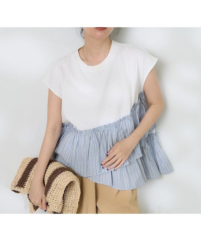 【フリークスストア/FREAK'S STORE】の裾フリル ストライプTシャツ/ドッキングTシャツ/フリルTシャツ 25SS インテリア・キッズ・メンズ・レディースファッション・服の通販 founy(ファニー) 　ファッション　Fashion　レディースファッション　Fashion for Women　トップス・カットソー　Cut & Sew Tops　シャツ・ブラウス・オフィスカジュアル　Elegant Blouses & Button-Ups　ロングTシャツ・Tシャツ　Longline T-Shirts & Tees　2025年　2025　2025春夏・S/S　Spring/Summer 2025 SS25　シンプル　Simple, Minimal　ストライプ　Stripe, Striped Pattern　ドッキング　Docking, Mixed Material　バランス　Balance, Style Balance　フェミニン　Feminine, Girly　フリル　Frill, Ruffle　夏　Summer　S/S・春夏　SS, Spring/Summer, Warm Season　サックスブルー|ID: prp329100004816526 ipo3291000000034985040